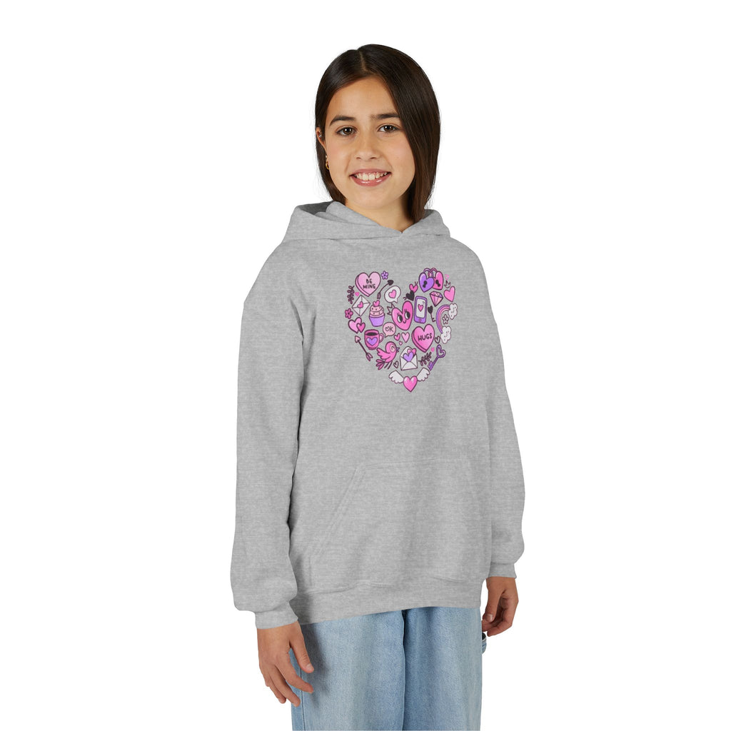 Youth Heart Doodle Hoodie — Pink Valentine Love Graphic Sweatshirt