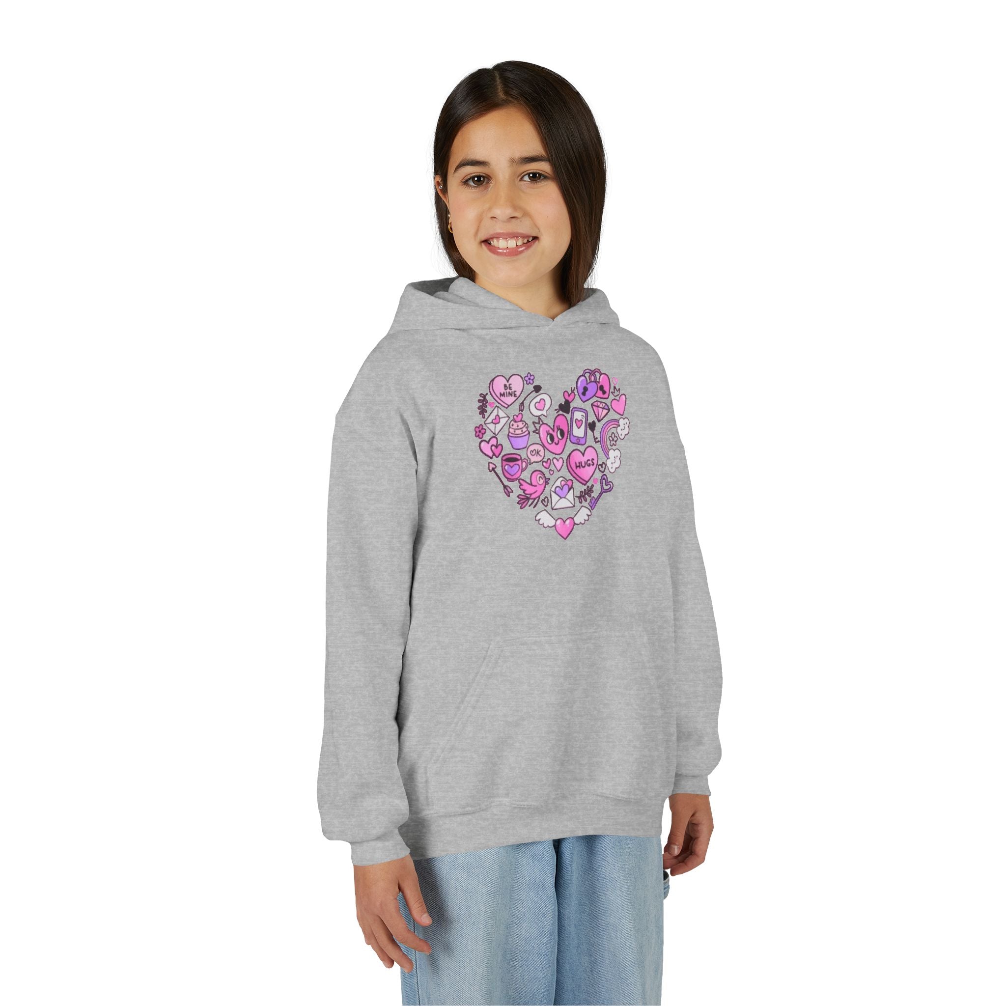 Youth Heart Doodle Hoodie — Pink Valentine Love Graphic Sweatshirt