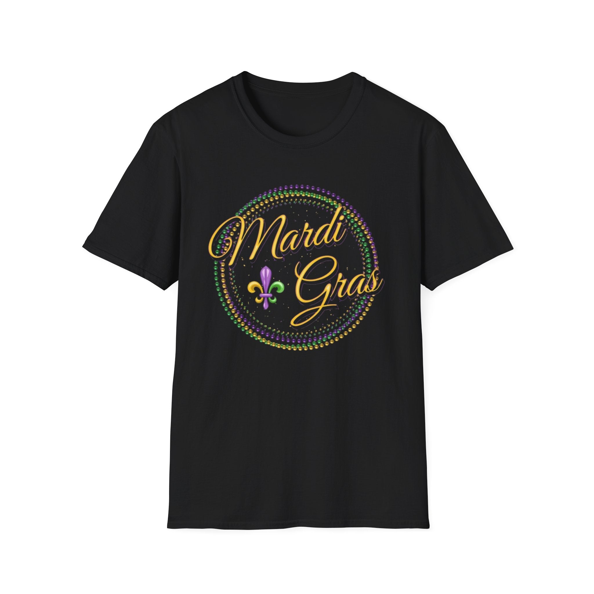 Mardi Gras T-Shirt — Purple Green Gold Beaded Fleur-de-Lis Celebration Tee