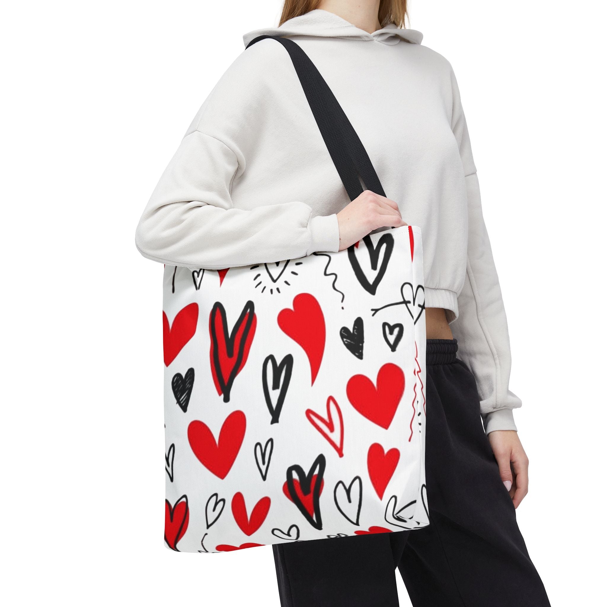 Heart Pattern Tote Bag — Red & Black Doodle Hearts All-Over Print