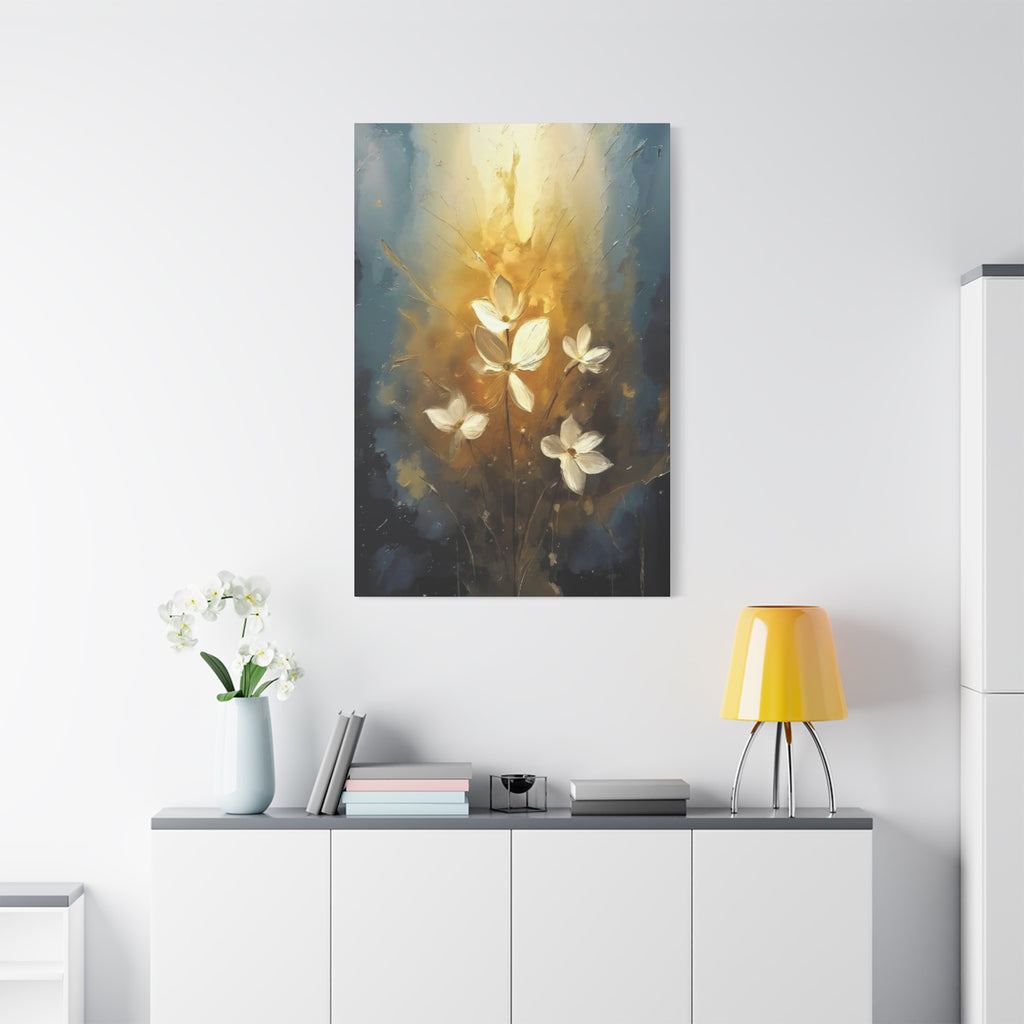 Golden Floral Canvas Print – Abstract White Flowers on Matte Stretched Canvas