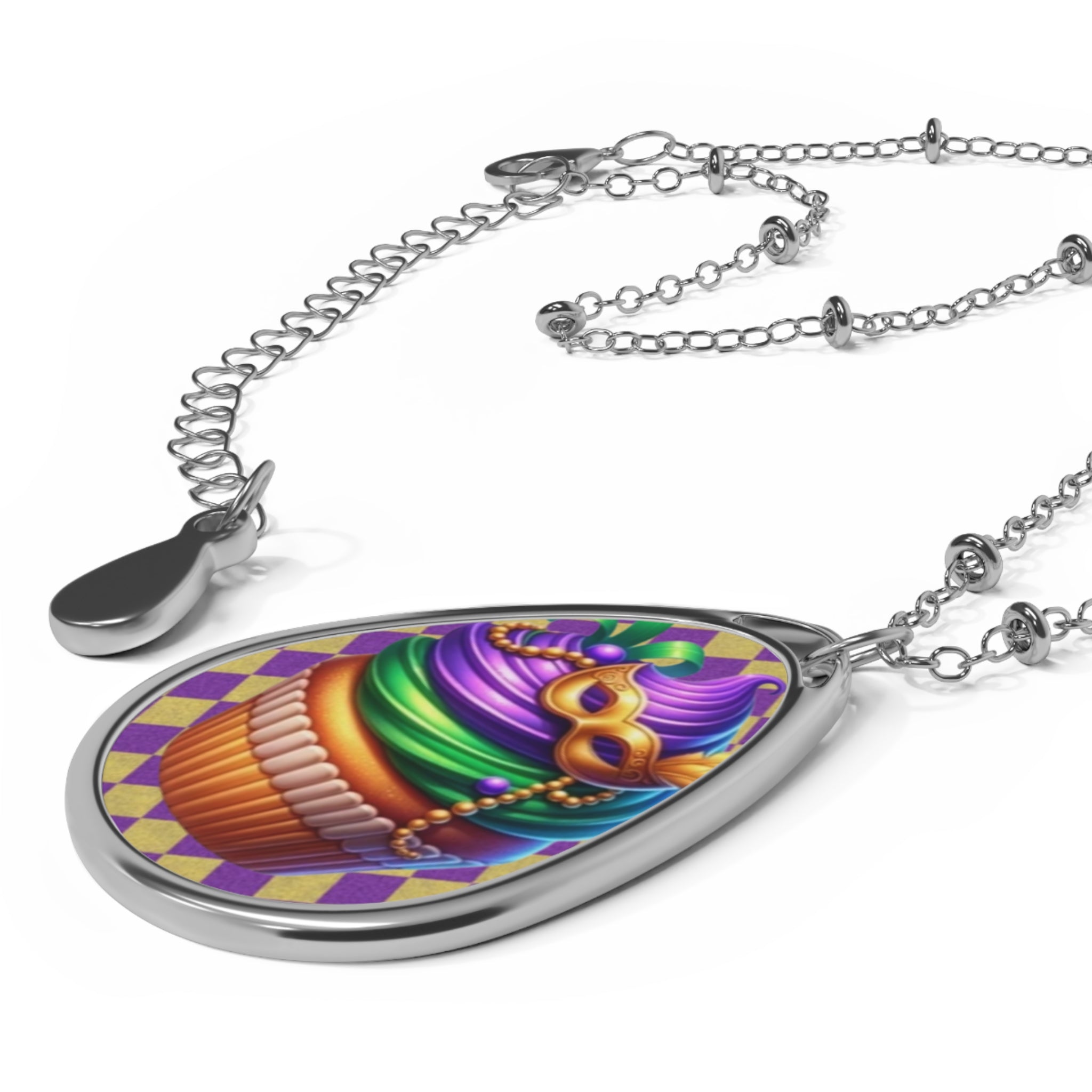 Mardi Gras Cupcake Oval Necklace — Festive Masquerade Pendant
