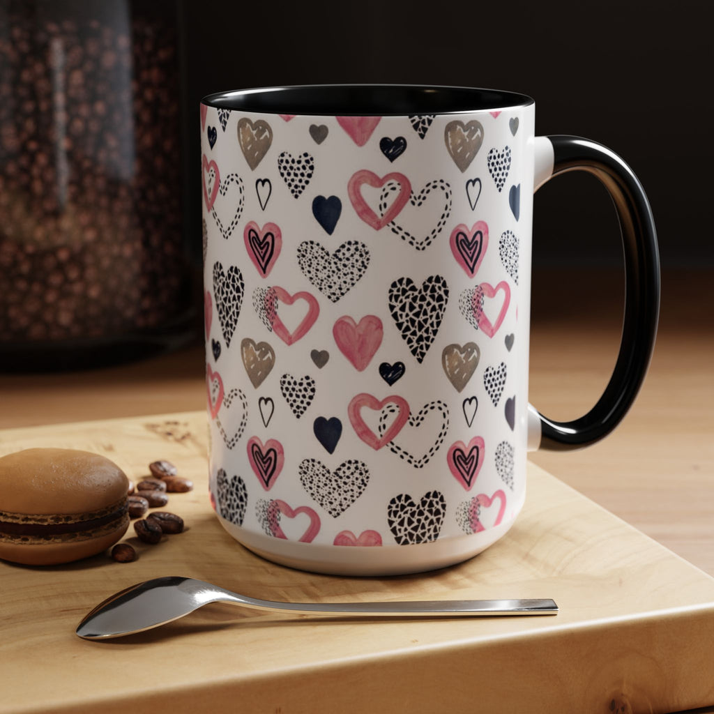 Heart Pattern Accent Coffee Mug — Pink & Navy Love Design (11/15 oz)