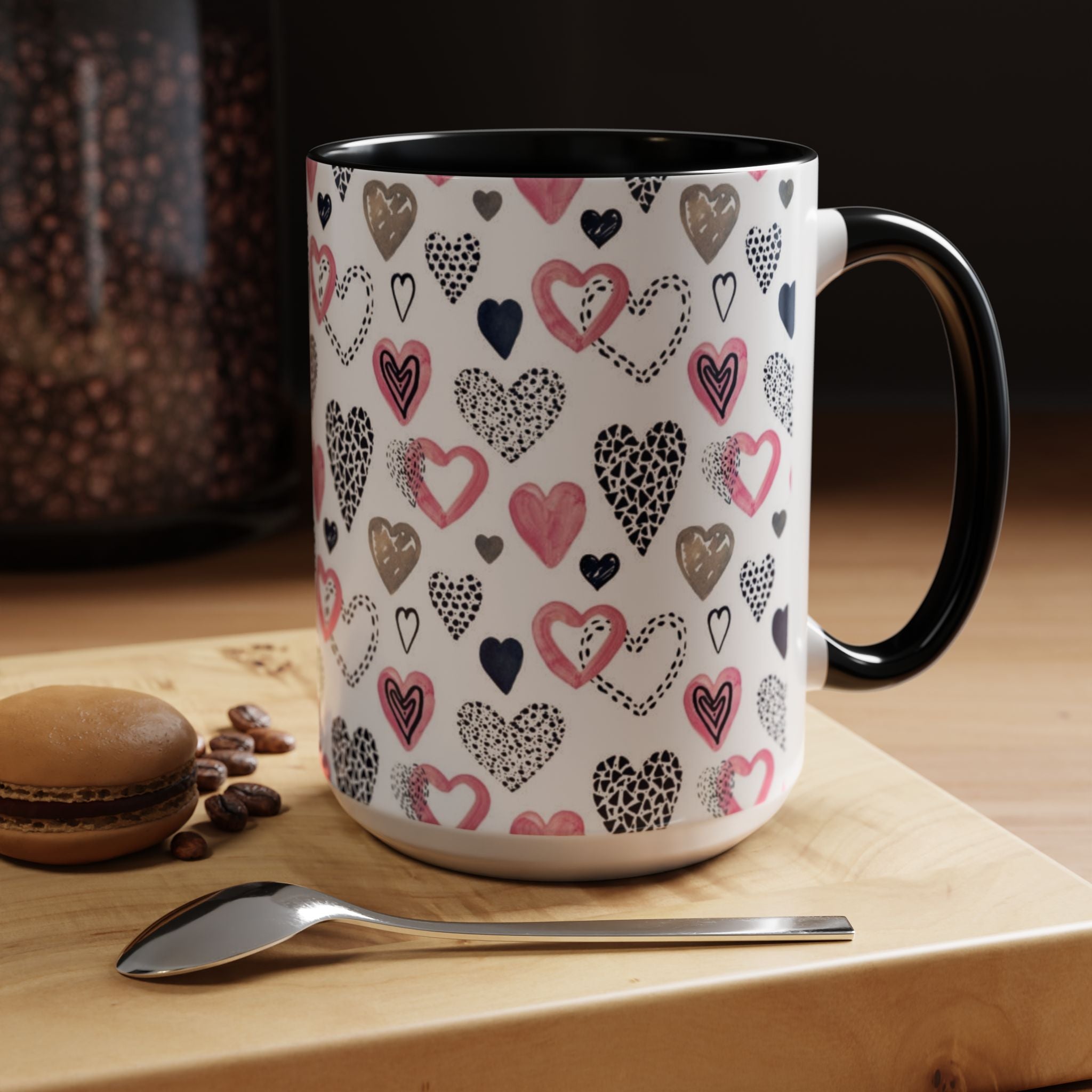 Heart Pattern Accent Coffee Mug — Pink & Navy Love Design (11/15 oz)