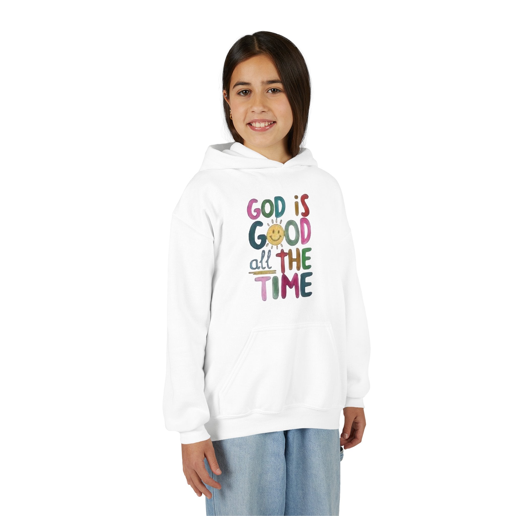 Youth Hoodie — "God Is Good All The Time" Colorful Faith Pullover