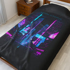 Neon Utopia Cyberpunk Skyline Velveteen Plush Blanket | synthwave cityscape, neon aesthetic