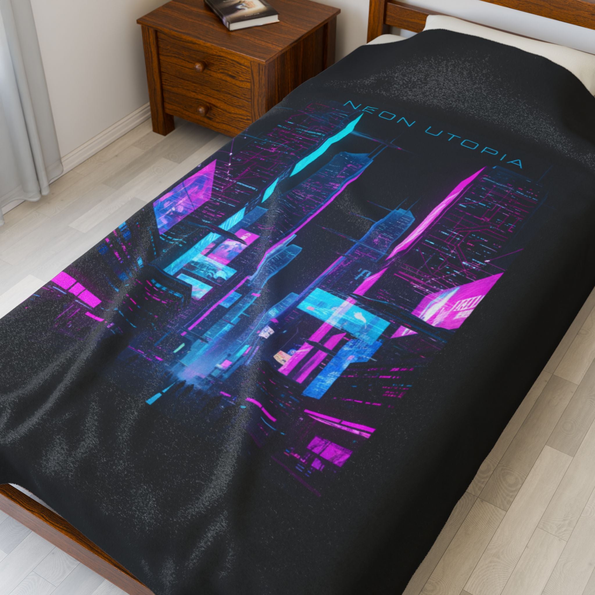 Neon Utopia Cyberpunk Skyline Velveteen Plush Blanket | synthwave cityscape, neon aesthetic