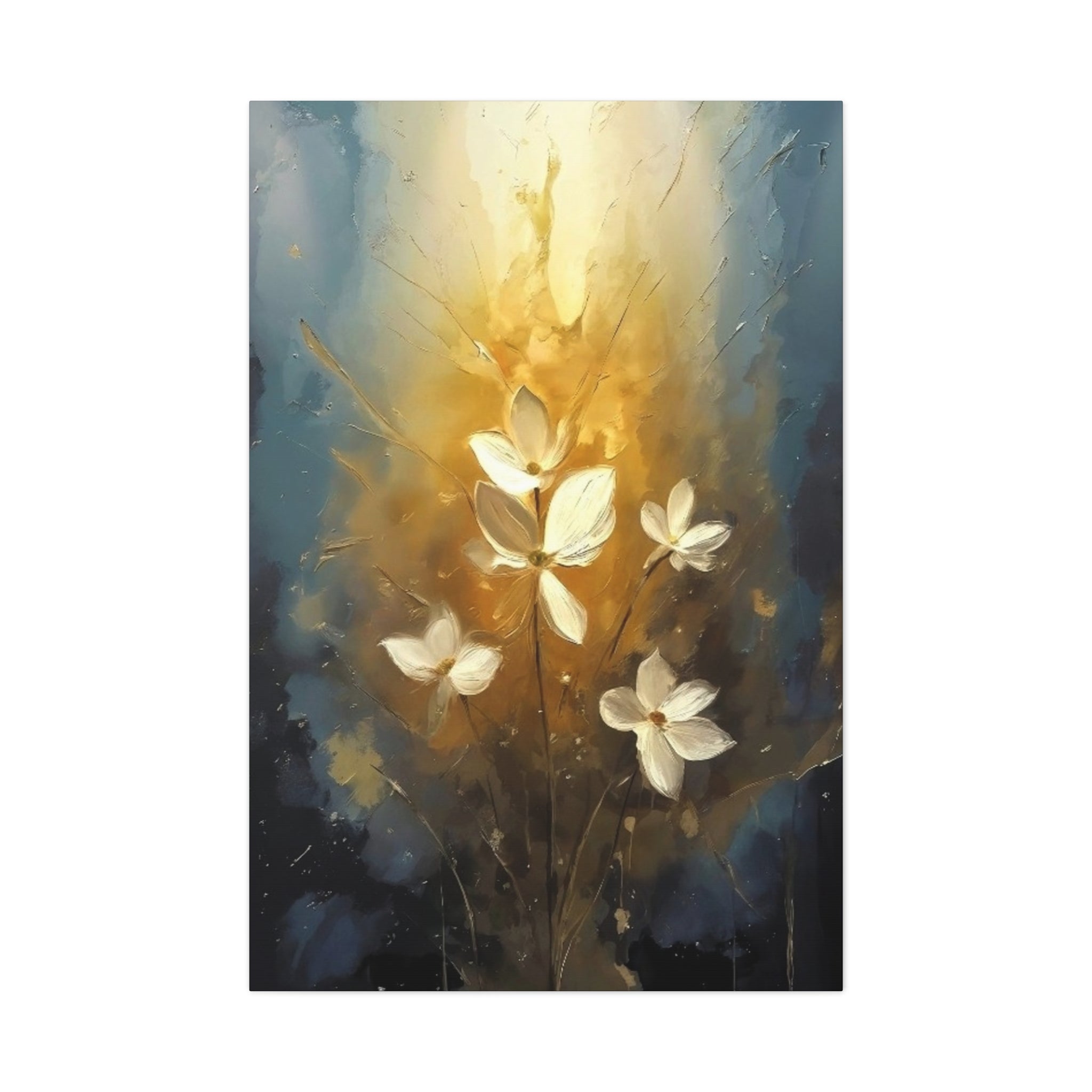 Golden Floral Canvas Print – Abstract White Flowers on Matte Stretched Canvas