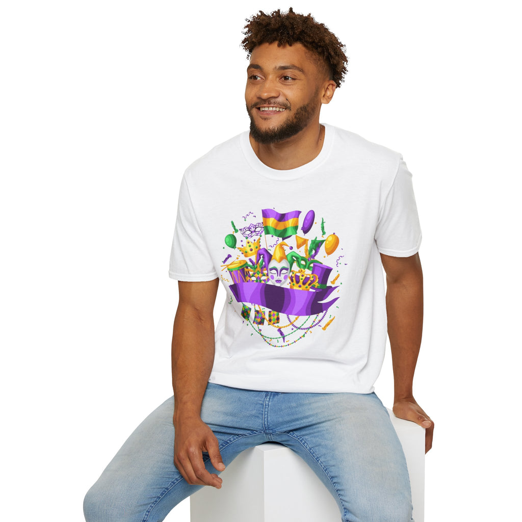 Mardi Gras Carnival T-Shirt — Festive Mask, Beads & Balloon Design