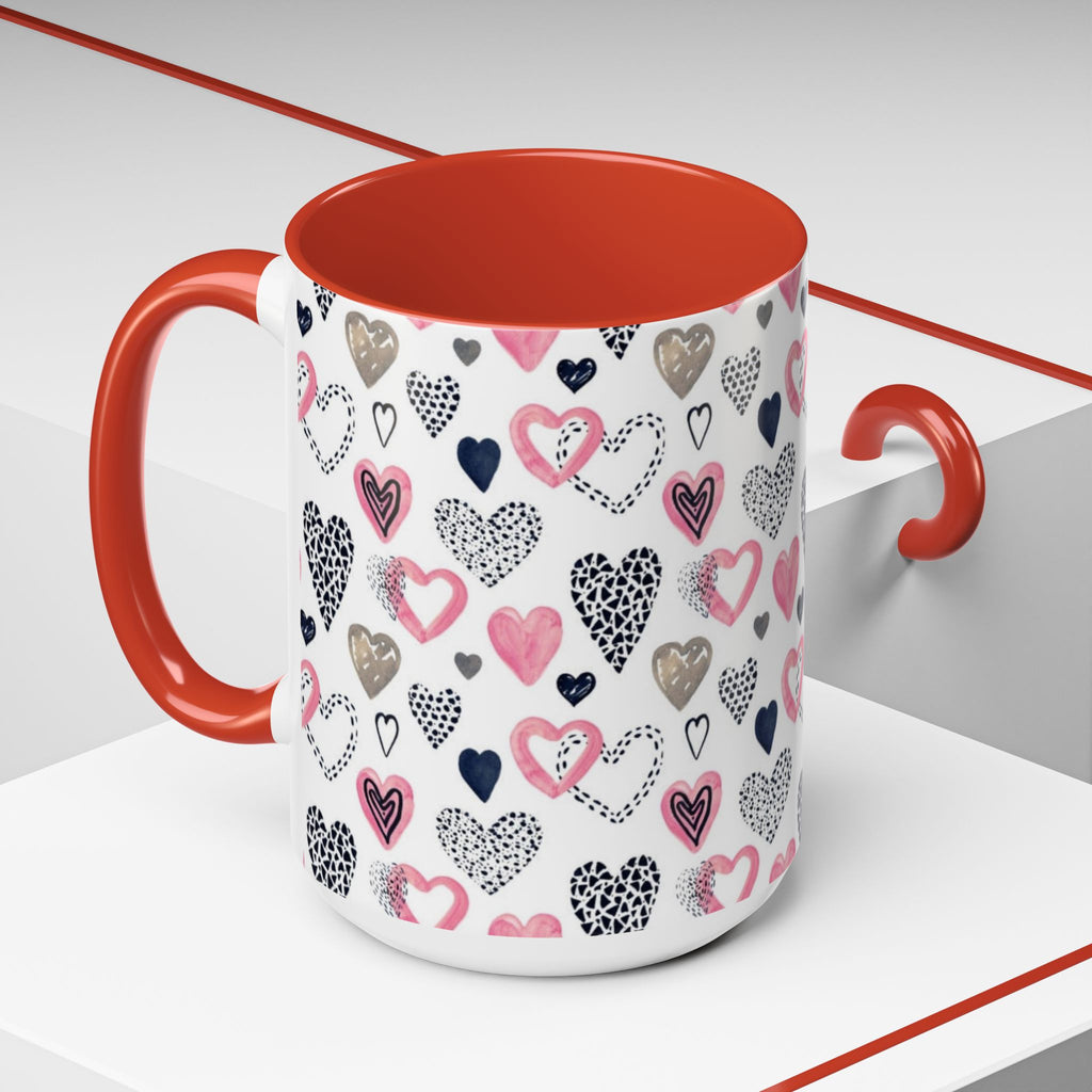 Heart Pattern Accent Coffee Mug — Pink & Navy Love Design (11/15 oz)