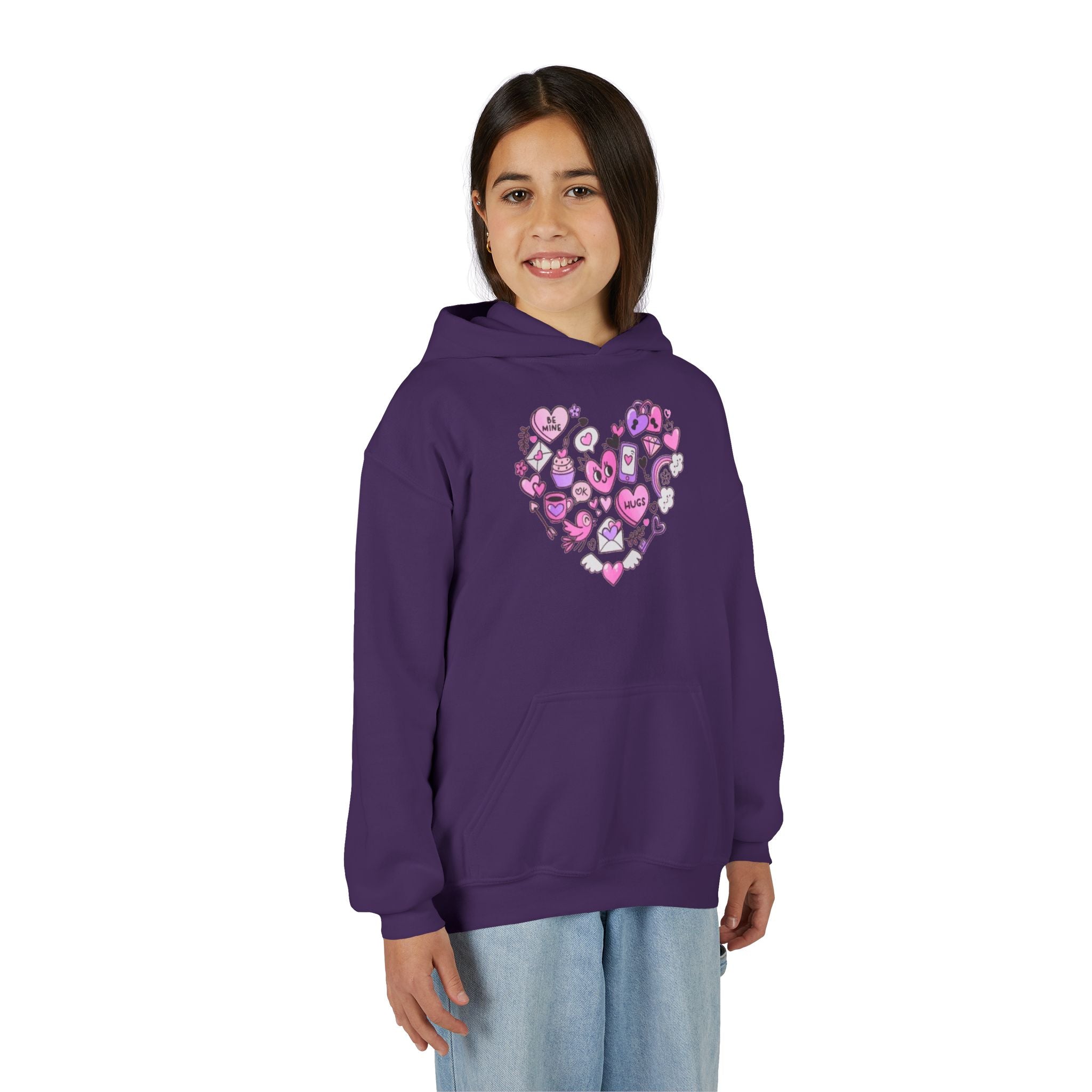 Youth Heart Doodle Hoodie — Pink Valentine Love Graphic Sweatshirt
