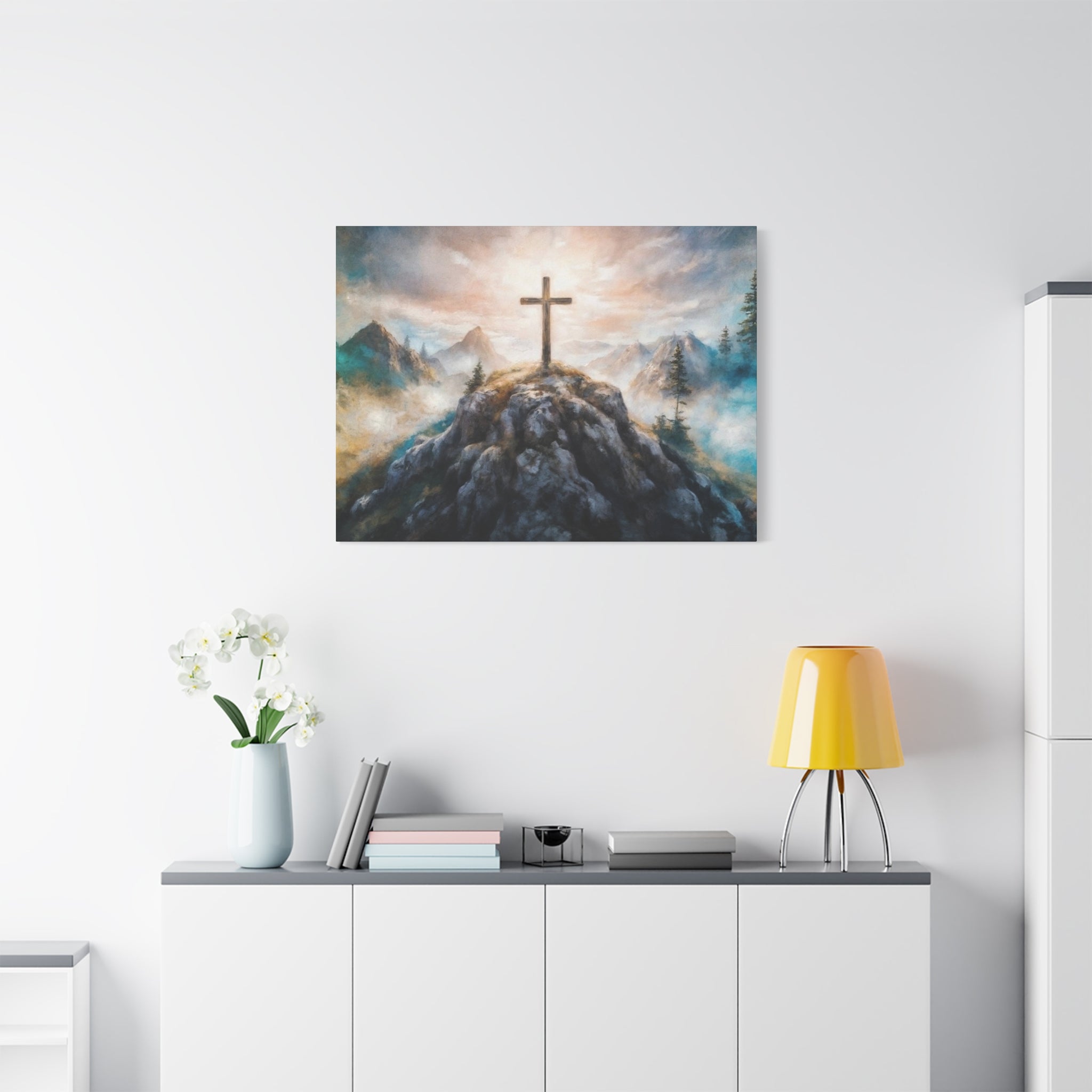 Cross on Mountain Matte Canvas Wall Art — Christian Inspirational Landscape