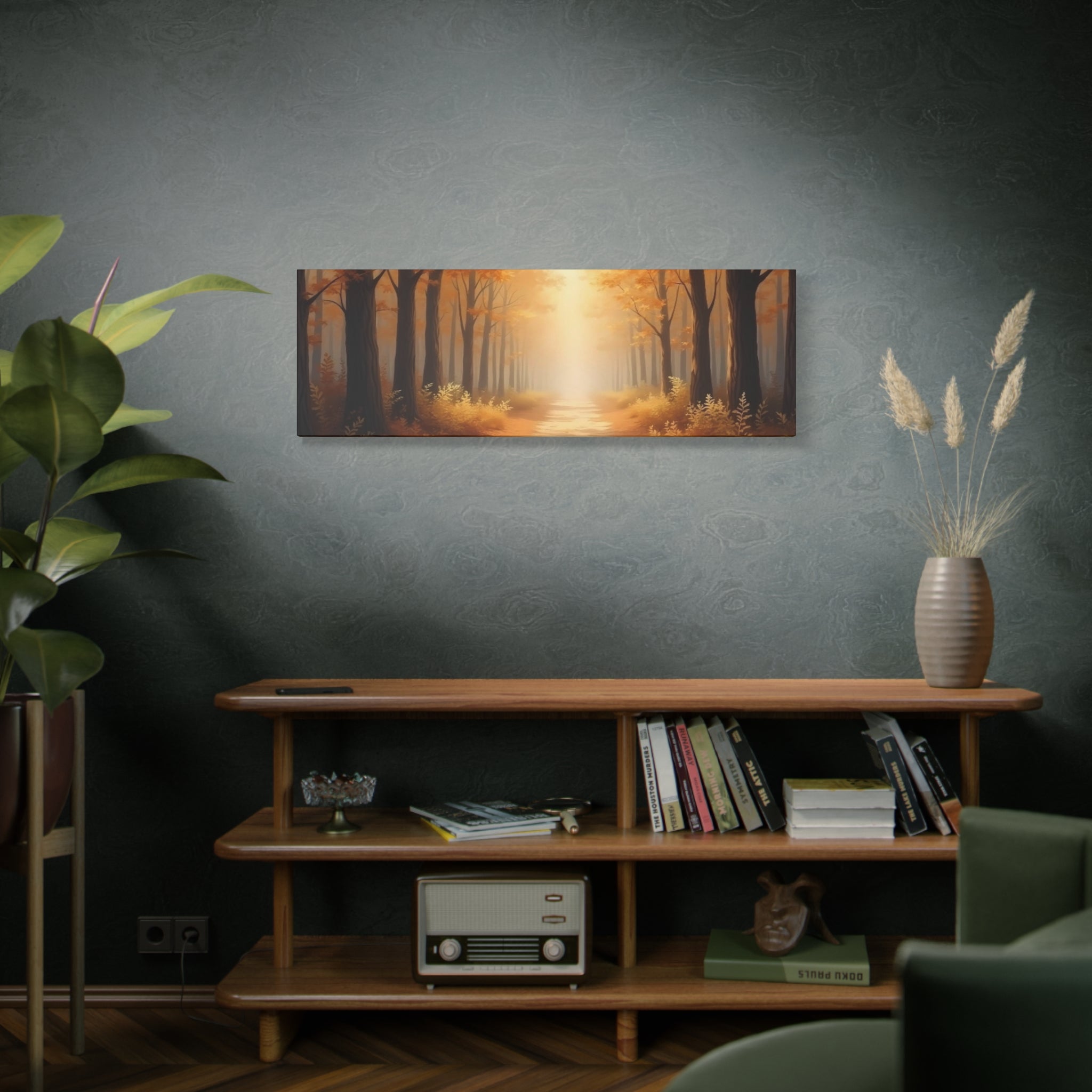 Autumn Forest Path Matte Canvas Wall Art — Golden Sunlit Woodland Scene