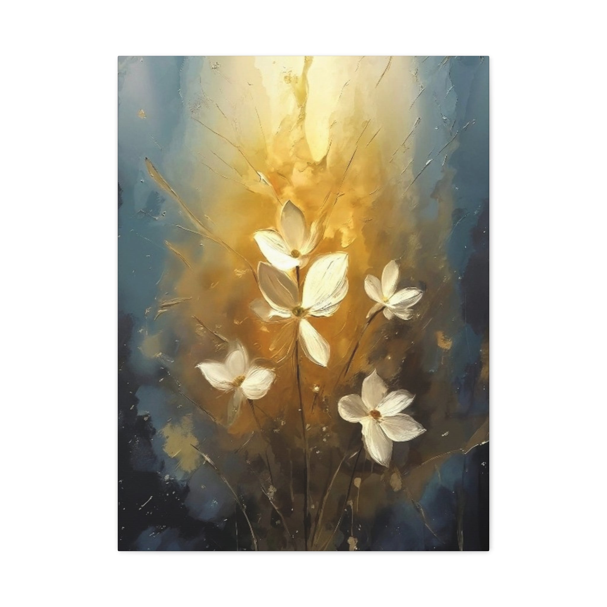 Golden Floral Canvas Print – Abstract White Flowers on Matte Stretched Canvas