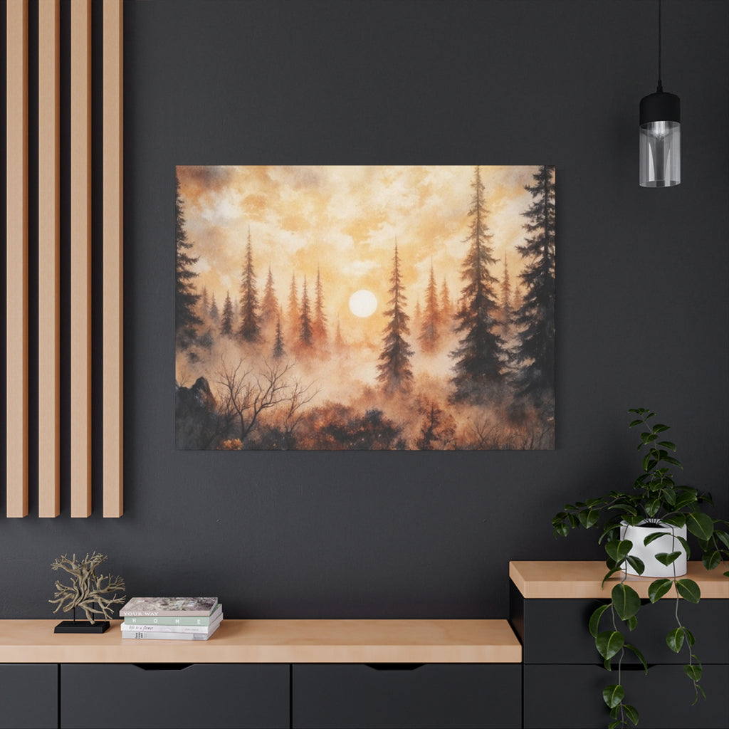 Canvas Wall Art - Misty Pine Forest Sunrise Matte Stretched Canvas