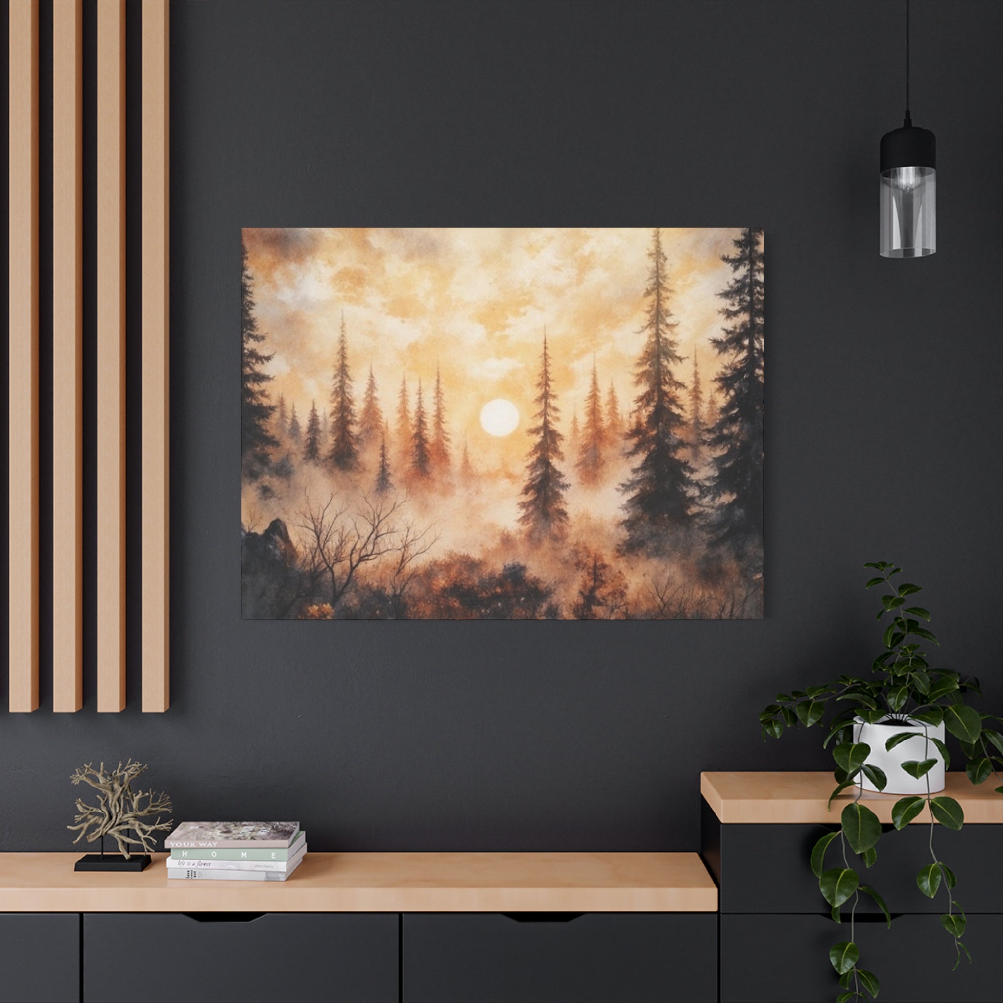 Canvas Wall Art - Misty Pine Forest Sunrise Matte Stretched Canvas