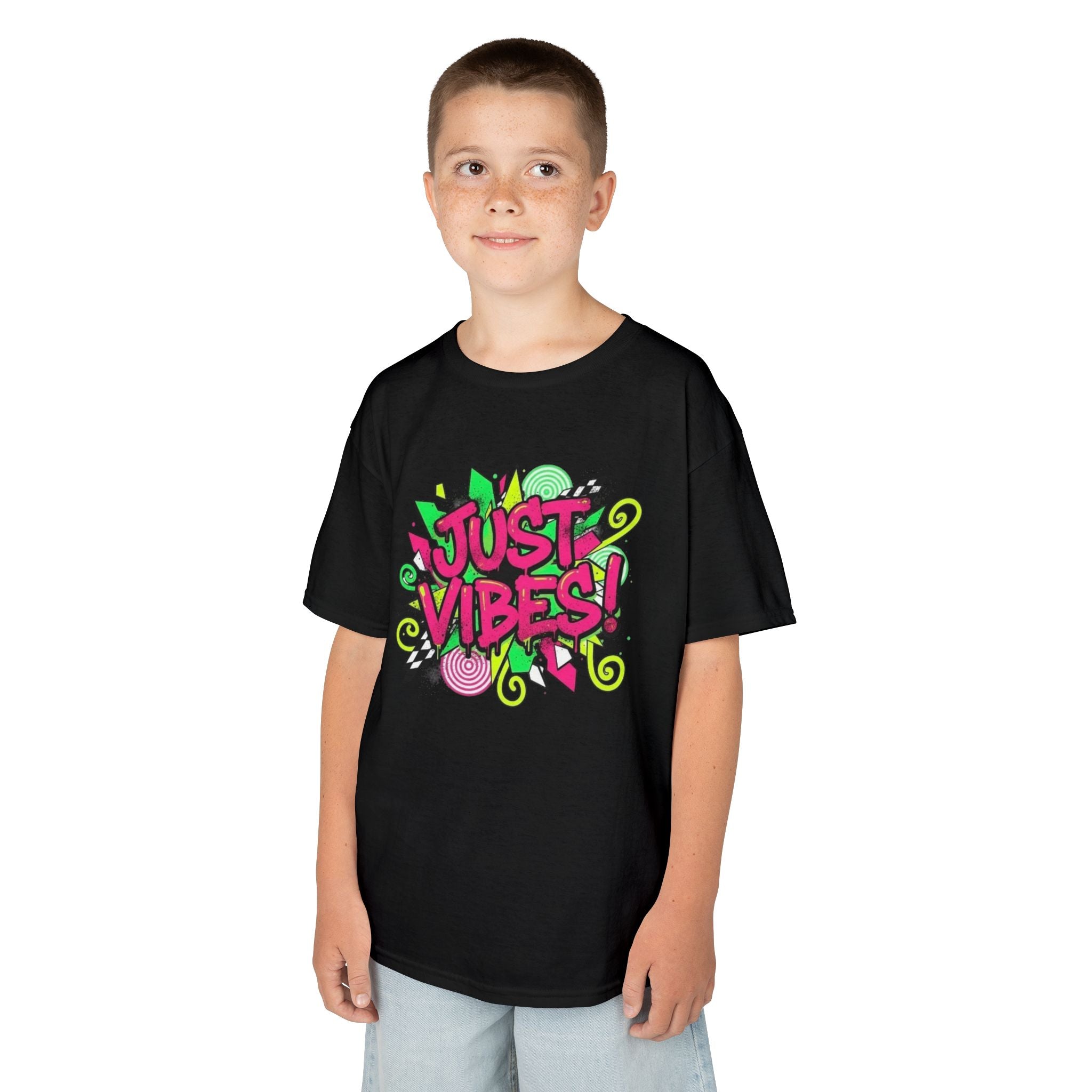 Kids T‑Shirt — "Just Vibes" Neon Graffiti Graphic Tee for Playful, Trendy Kids
