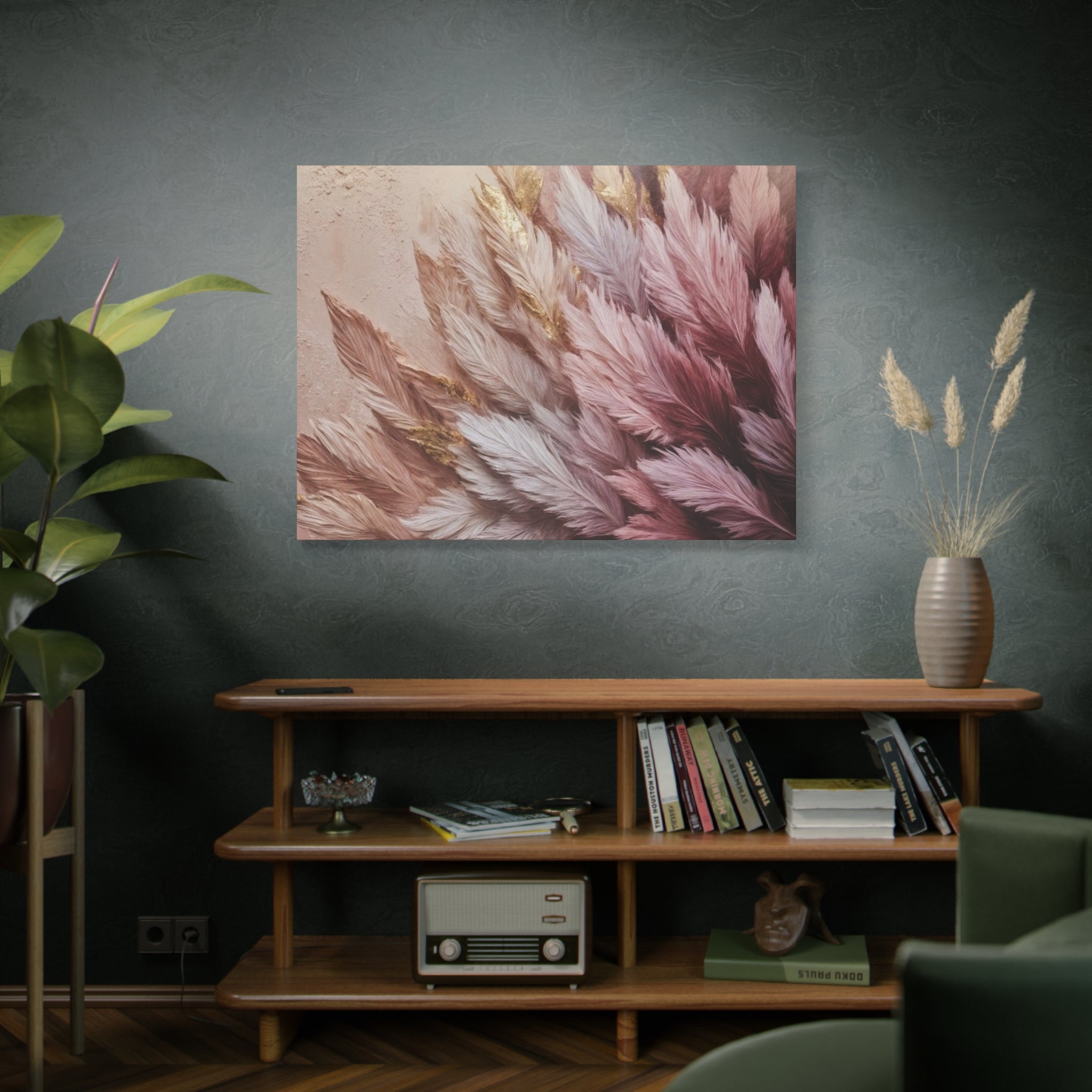 Feathered Pampas Wall Art Canvas — Blush Pink Botanical Decor, Matte Stretched 1.25"
