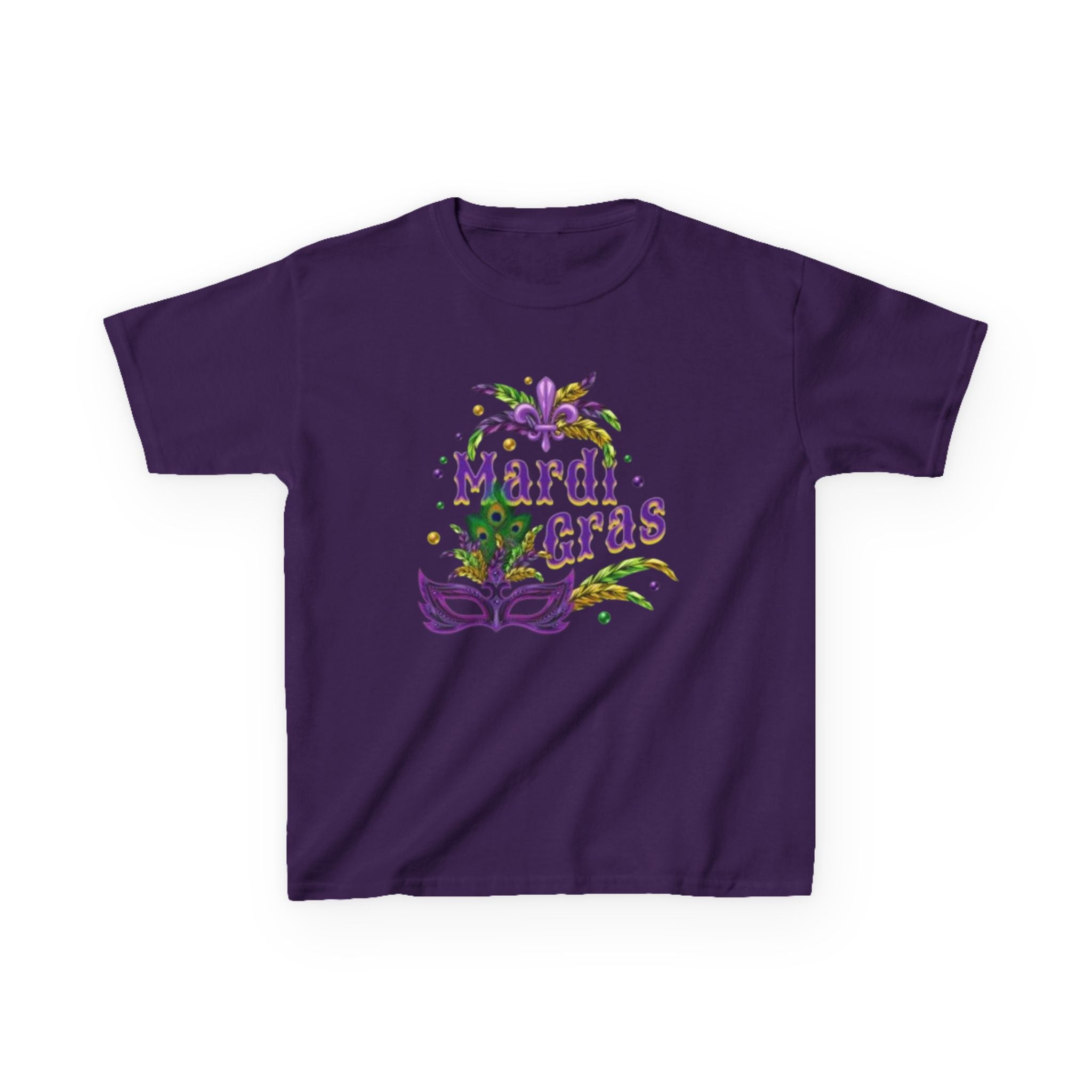 Kids Mardi Gras T-Shirt — Purple & Green Mask Design
