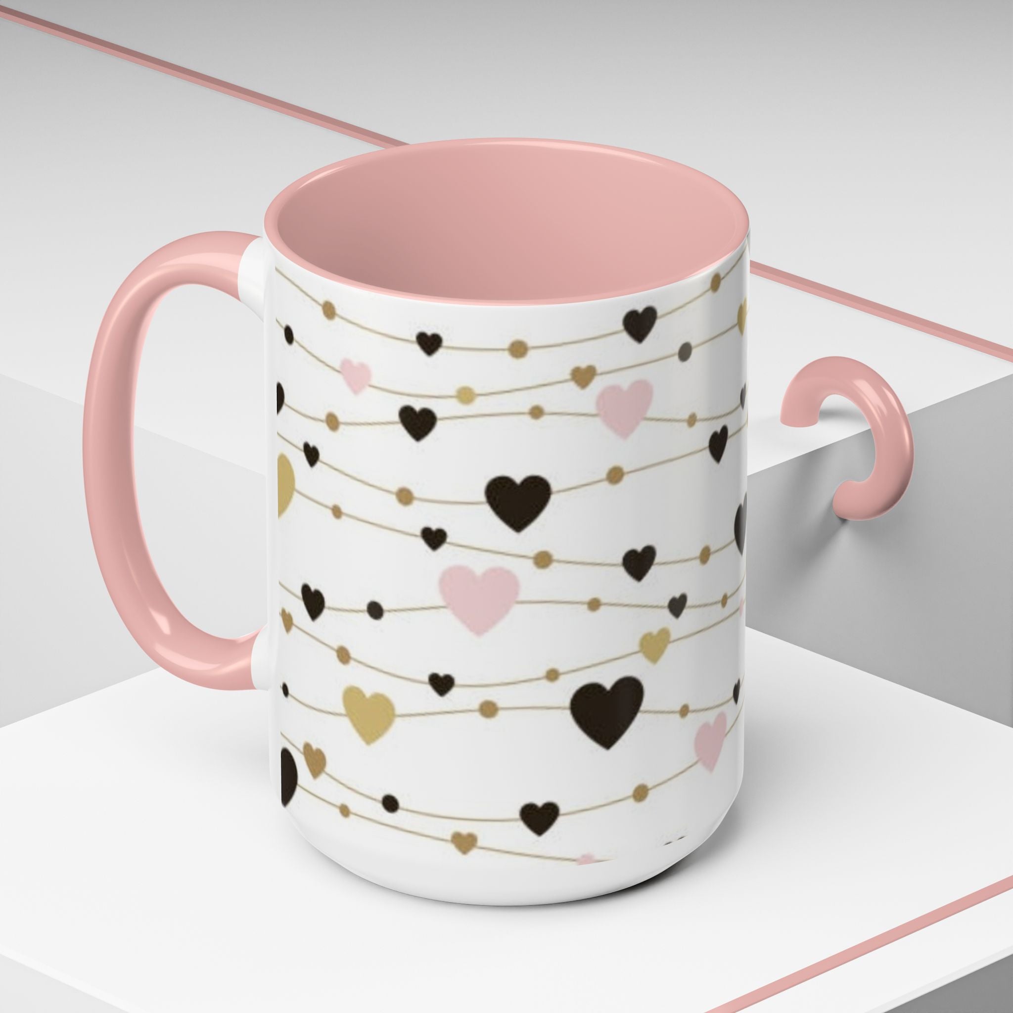Heart Garland Accent Coffee Mug — Pink & Gold Valentine Ceramic