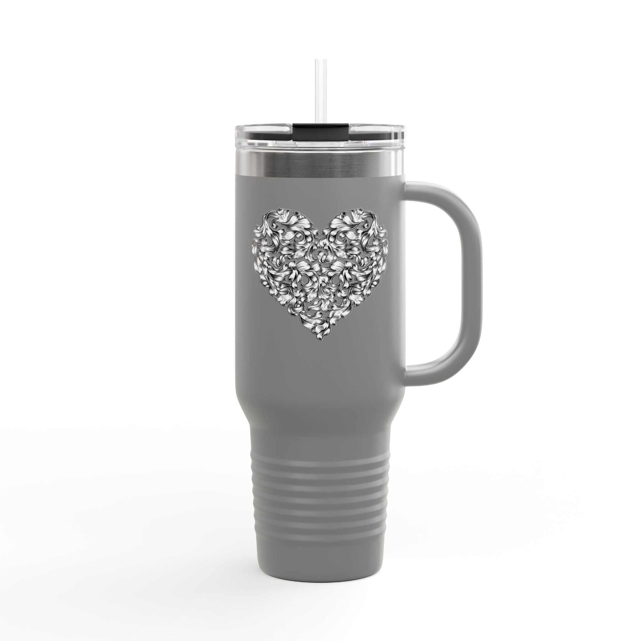 40oz Insulated Travel Mug — Silver Doodle Heart Design