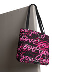 Love You Script Pattern Tote Bag – Pink Graffiti All-Over Print