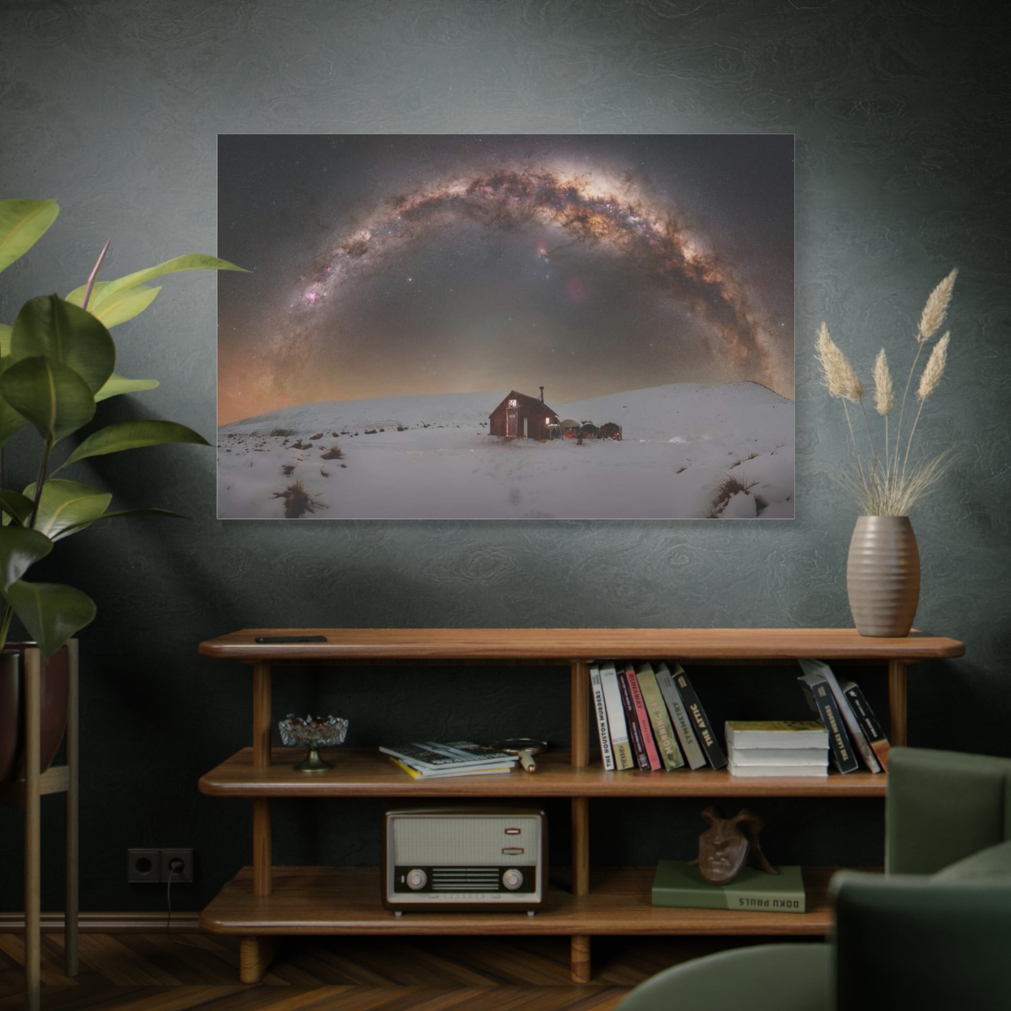 Milky Way Over Snowy Cabin — Matte Stretched Canvas Wall Art