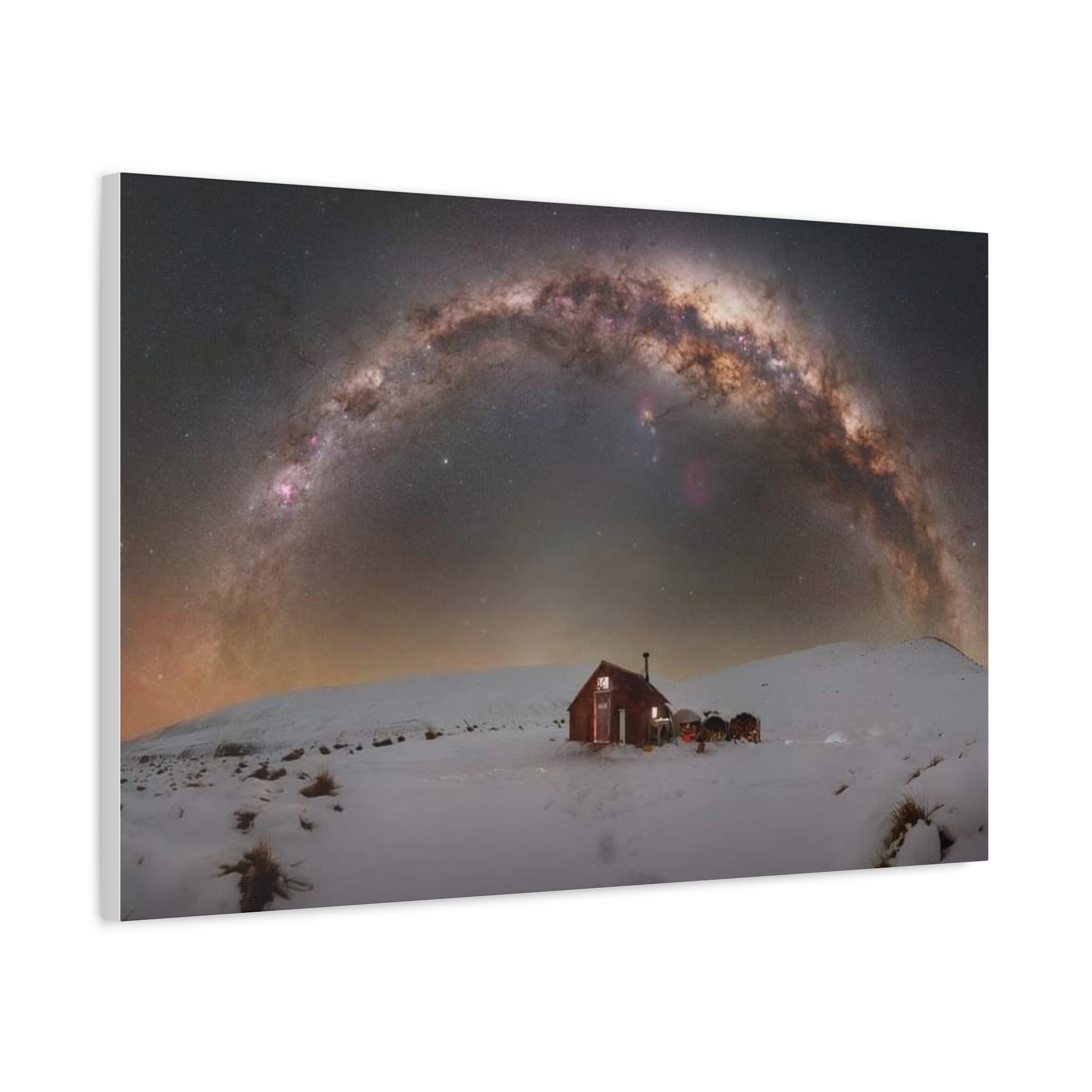 Milky Way Over Snowy Cabin — Matte Stretched Canvas Wall Art