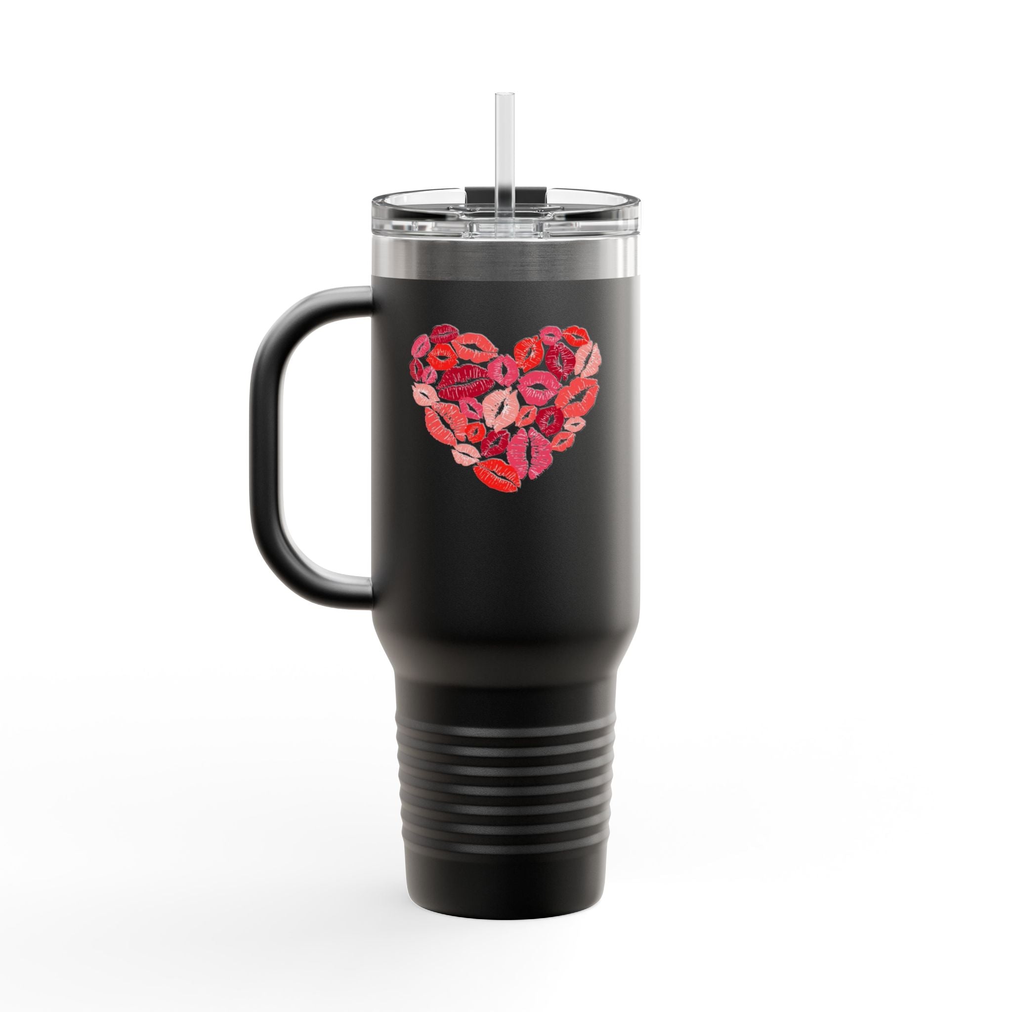 40oz Insulated Travel Mug — Pink Lipstick Kiss Heart Design