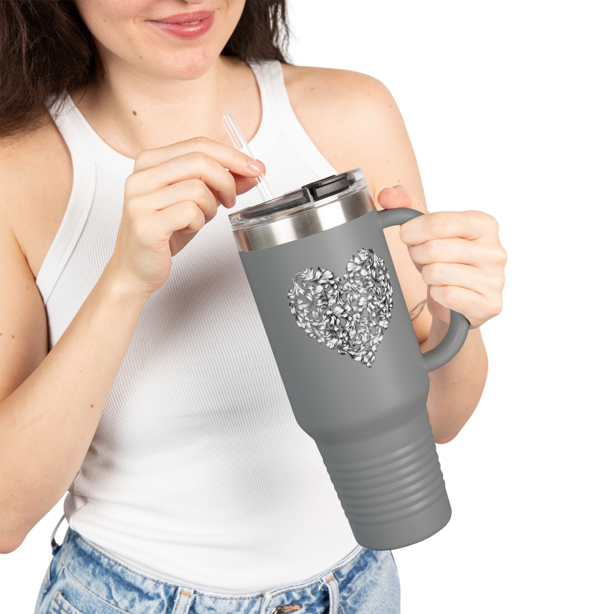 40oz Insulated Travel Mug — Silver Doodle Heart Design