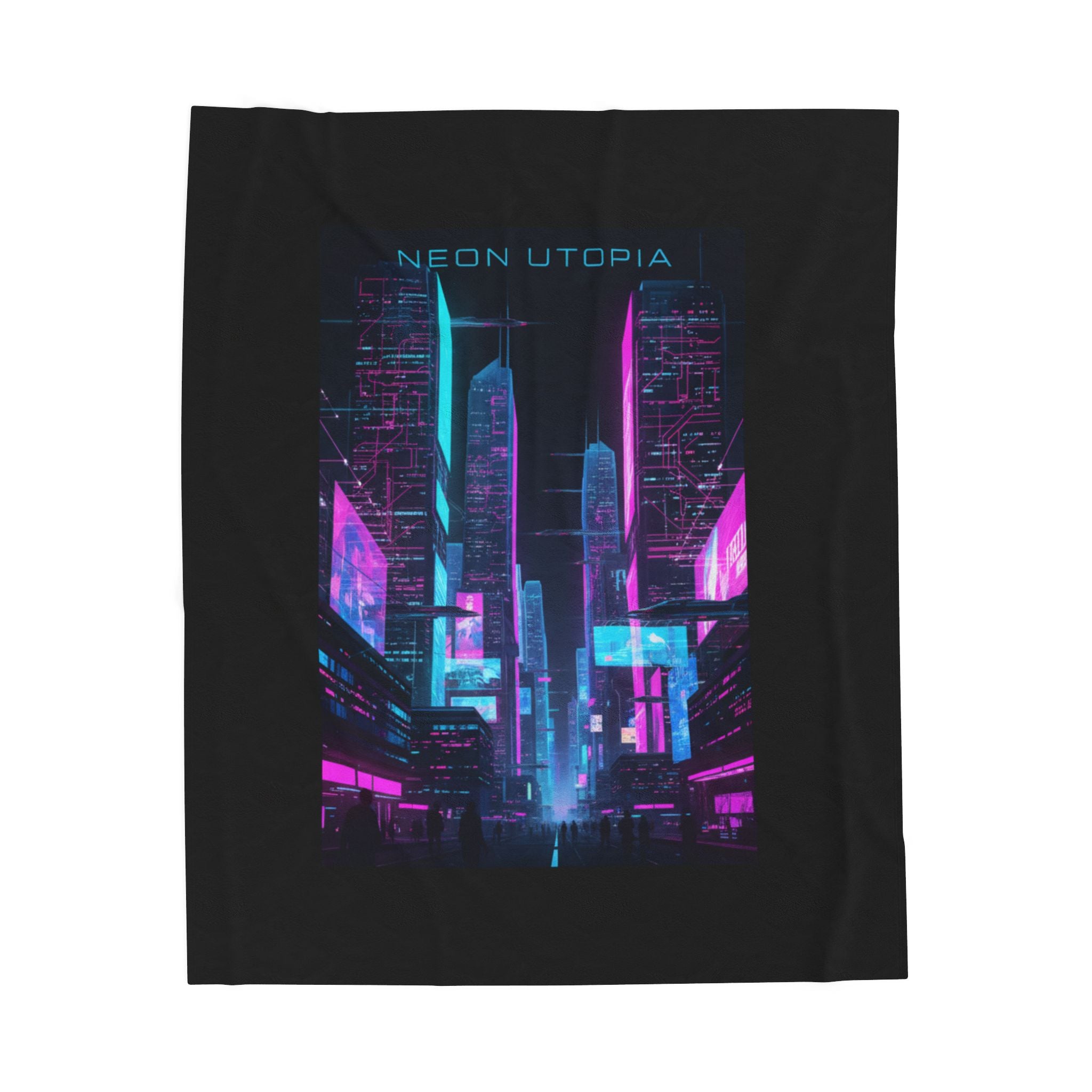 Neon Utopia Cyberpunk Skyline Velveteen Plush Blanket | synthwave cityscape, neon aesthetic