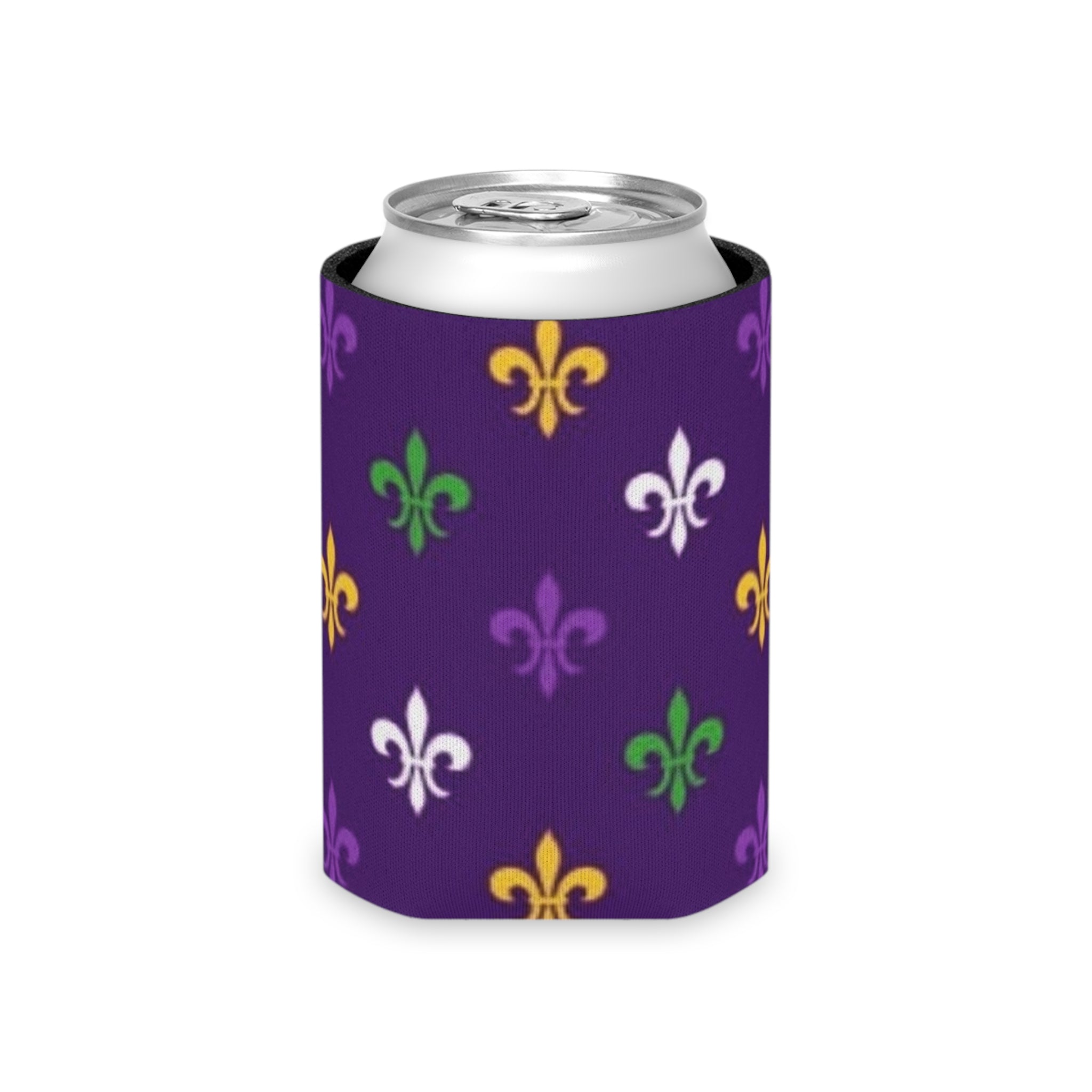 Mardi Gras Fleur-de-Lis Can Cooler – Purple, Green & Gold Party Koozie