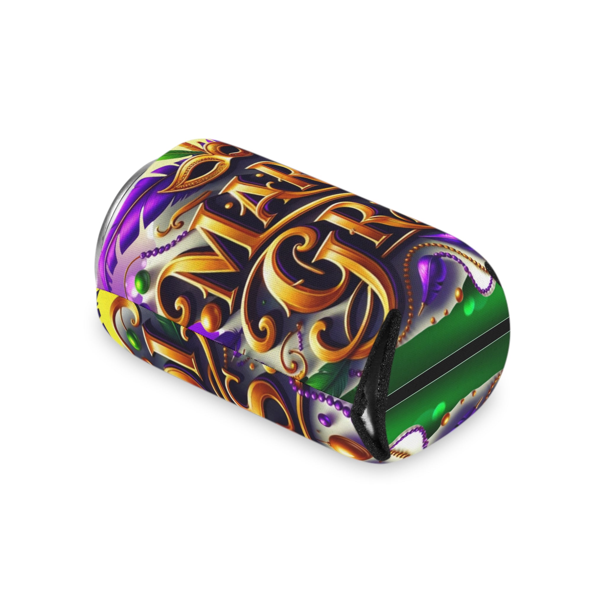 Mardi Gras Can Cooler – Festive Mask & Beads Neoprene Beer Koozie