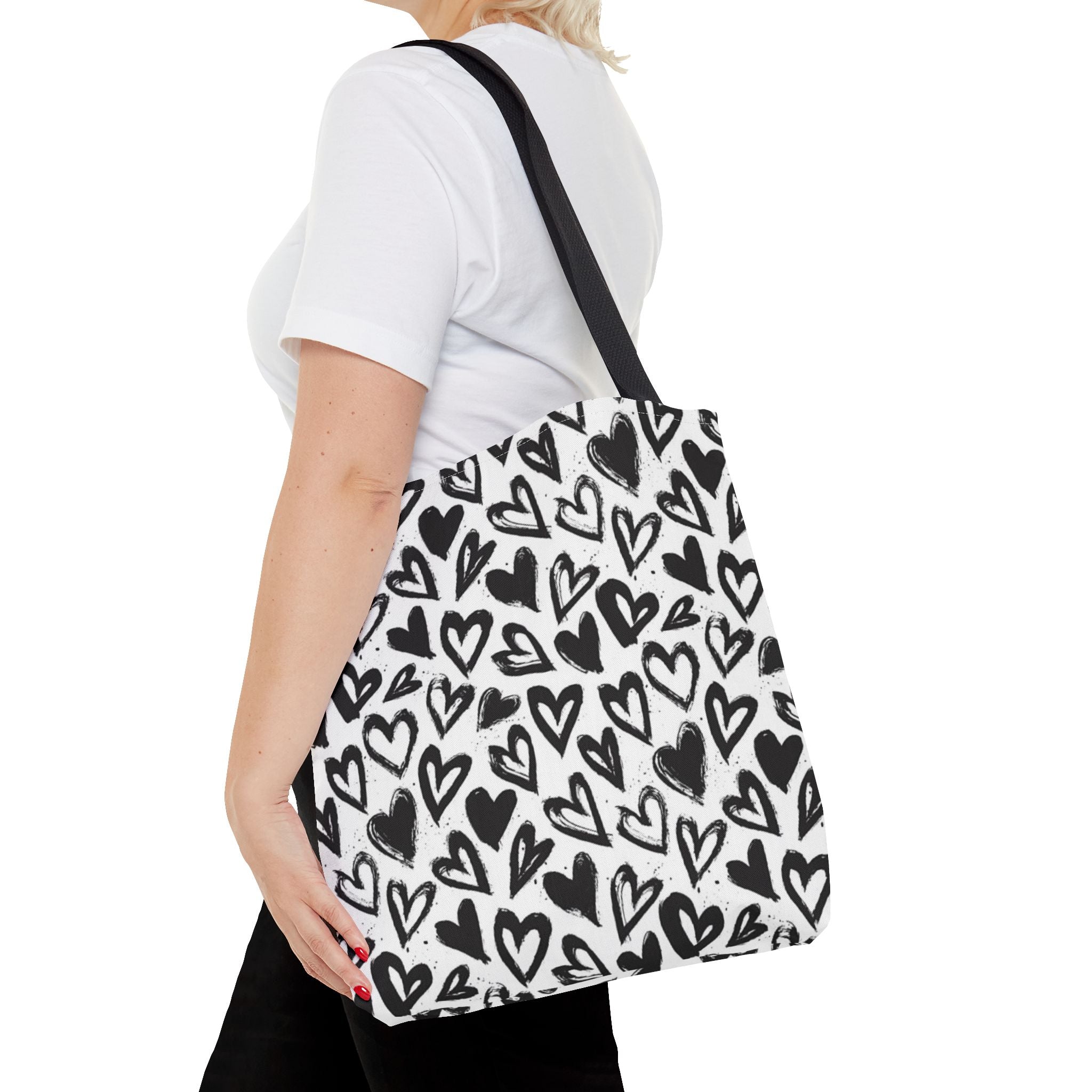 Heart Pattern Tote Bag — Black & White Hand-Drawn Hearts All-Over Print