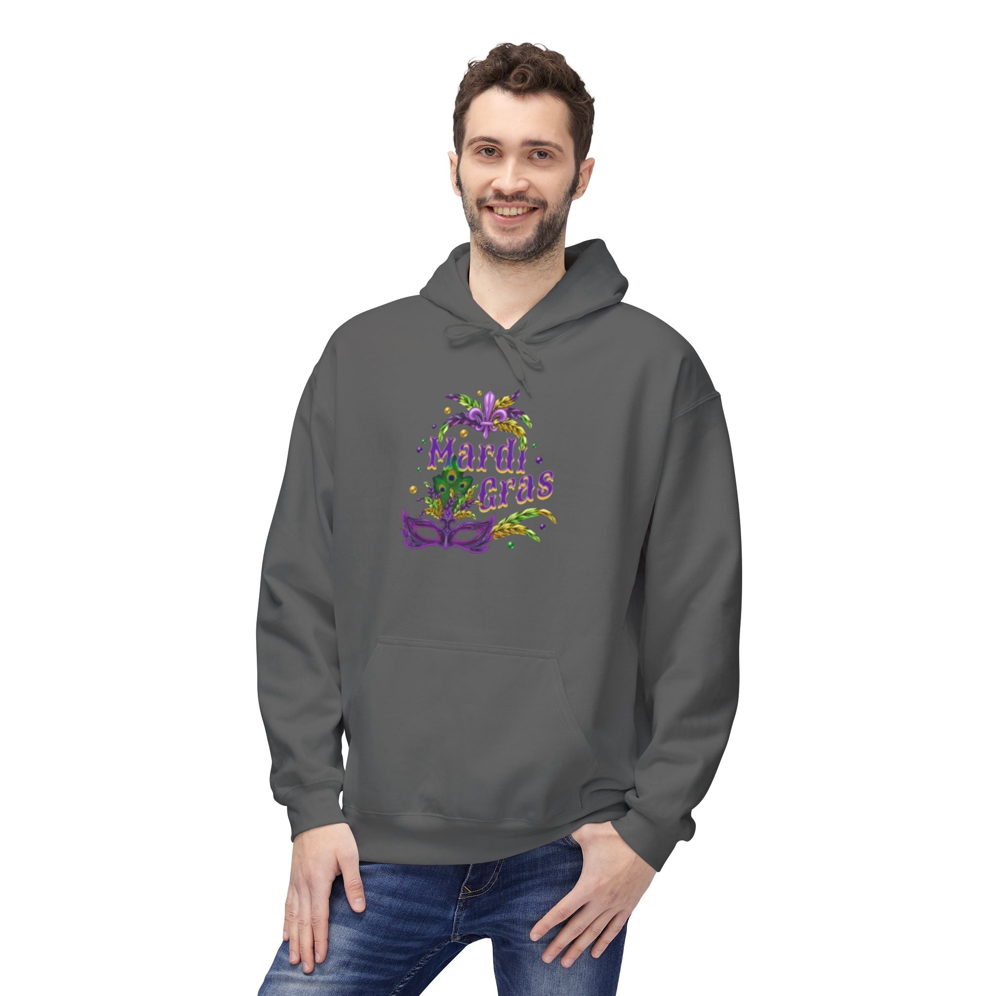 Mardi Gras Mask Hoodie — Purple Green Gold Carnival Pullover
