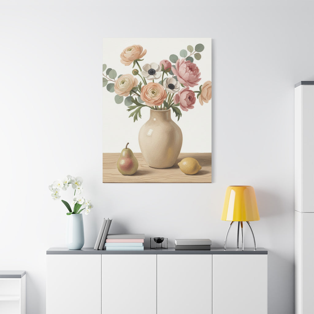 Floral Vase Canvas Wall Art — Pastel Peonies & Ranunculus Stretched Print