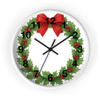 Christmas Holly Wreath Wall Clock — Festive Red Bow Holiday Decor