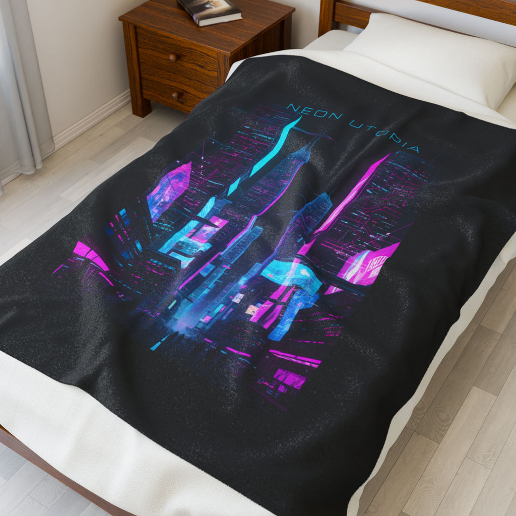 Neon Utopia Cyberpunk Skyline Velveteen Plush Blanket | synthwave cityscape, neon aesthetic