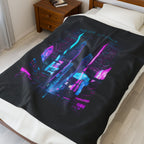 Neon Utopia Cyberpunk Skyline Velveteen Plush Blanket | synthwave cityscape, neon aesthetic
