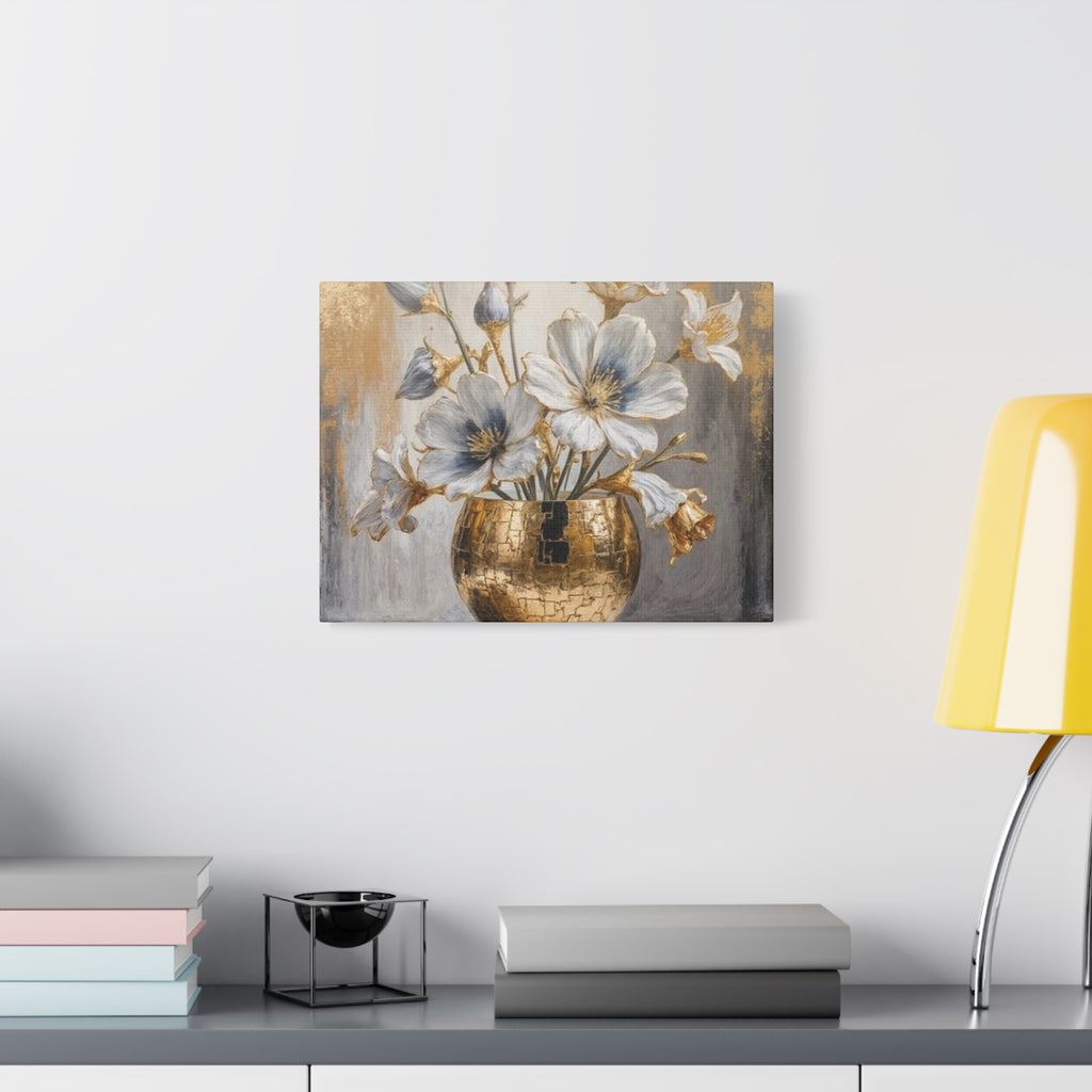 Floral Gold Vase Canvas Print — Elegant White & Blue Flower Wall Art