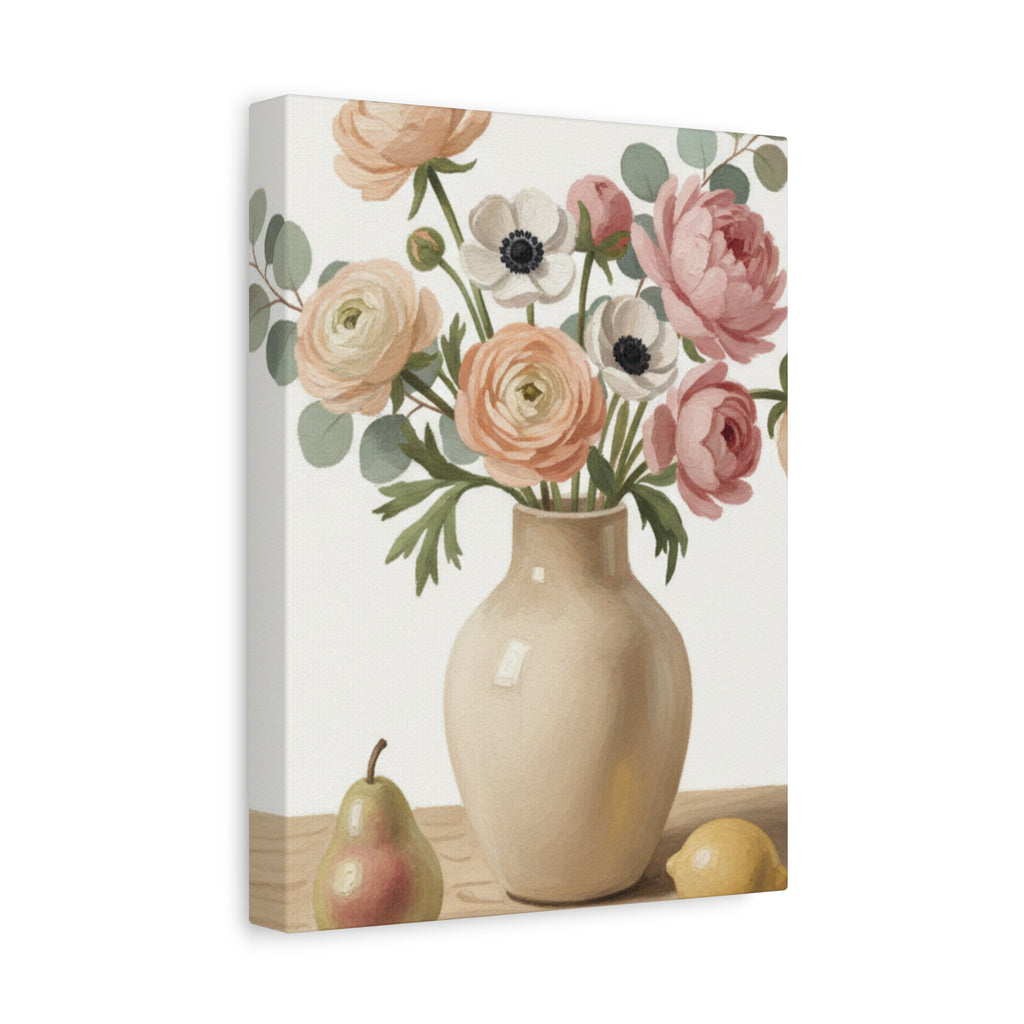 Floral Vase Canvas Wall Art — Pastel Peonies & Ranunculus Stretched Print