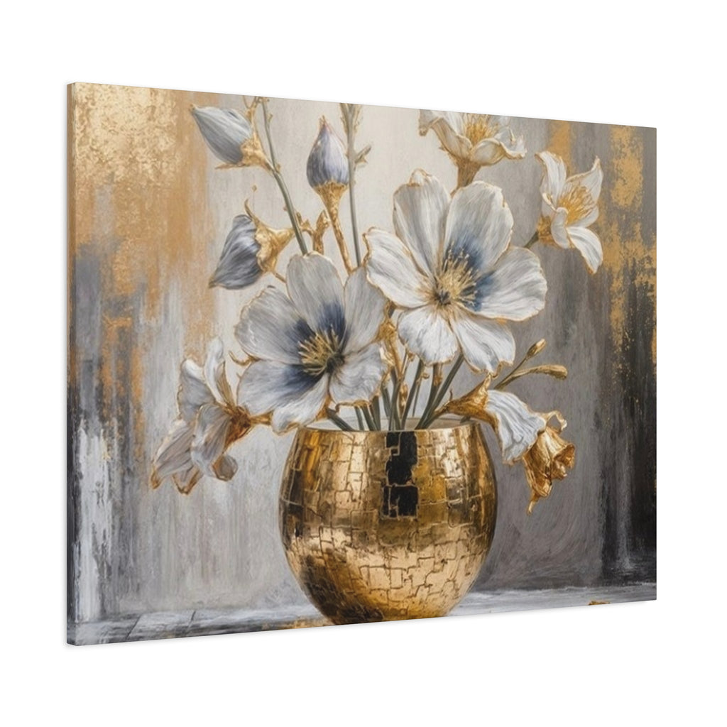 Floral Gold Vase Canvas Print — Elegant White & Blue Flower Wall Art