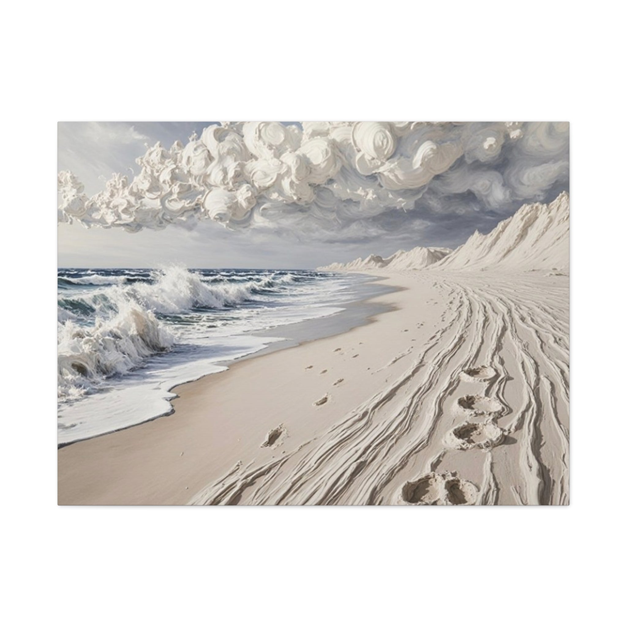 Coastal Serenity Matte Canvas Wall Art — Ocean Waves & Sandy Footprints