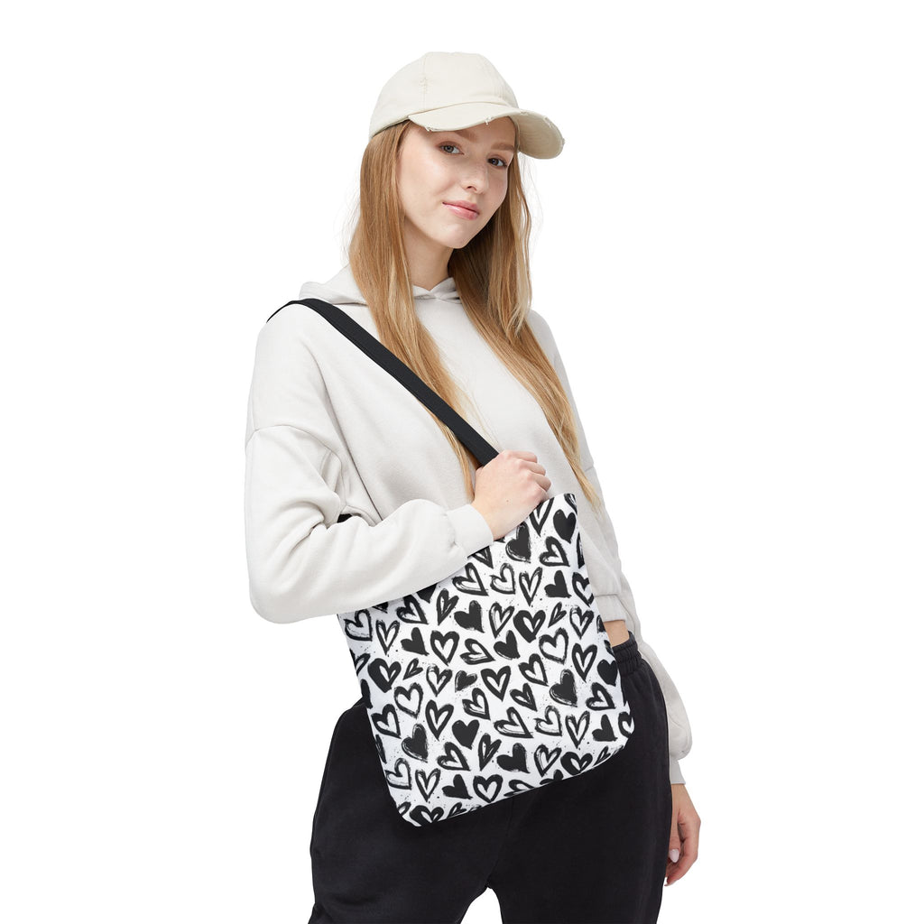 Heart Pattern Tote Bag — Black & White Hand-Drawn Hearts All-Over Print