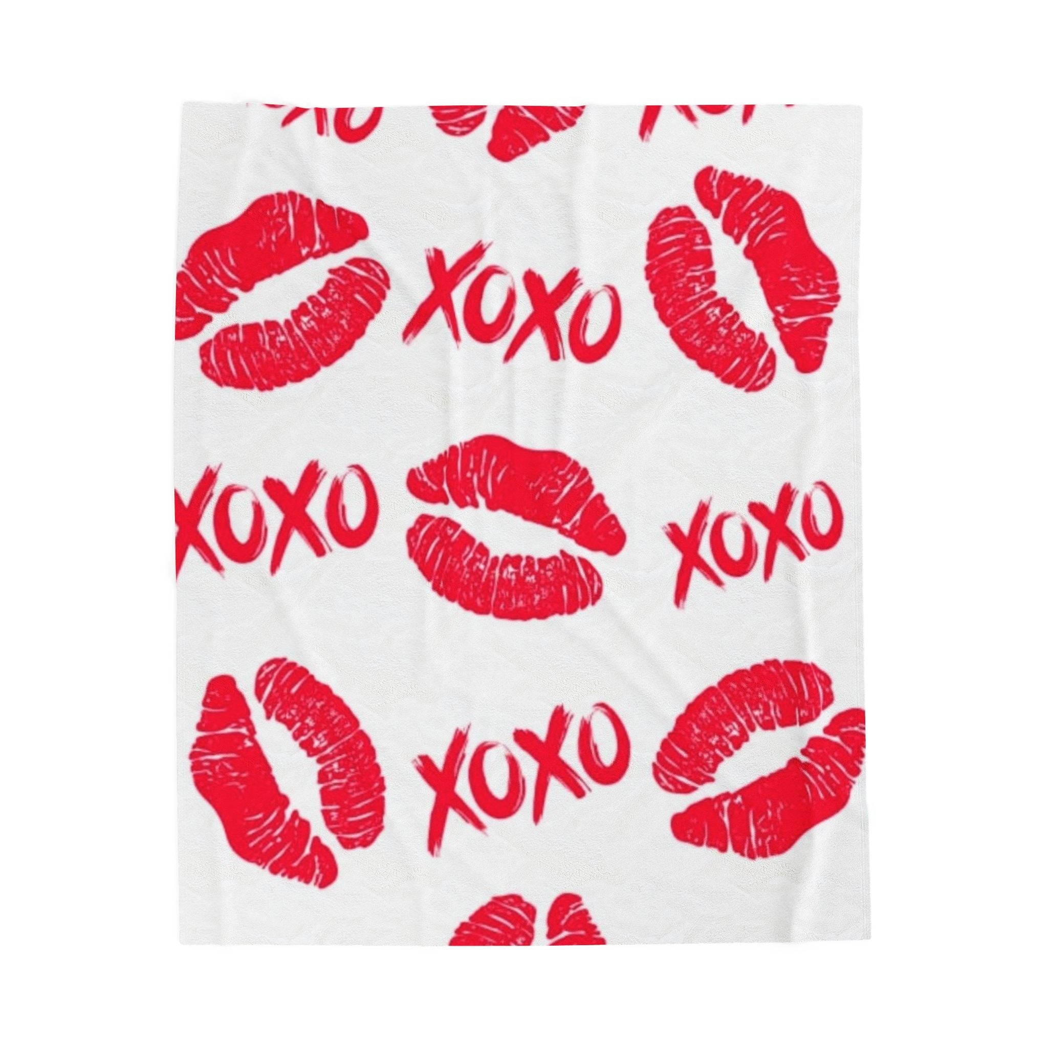 Velveteen Plush Blanket — Red Kiss Prints with XOXO Pattern (Valentine’s Cozy Throw)