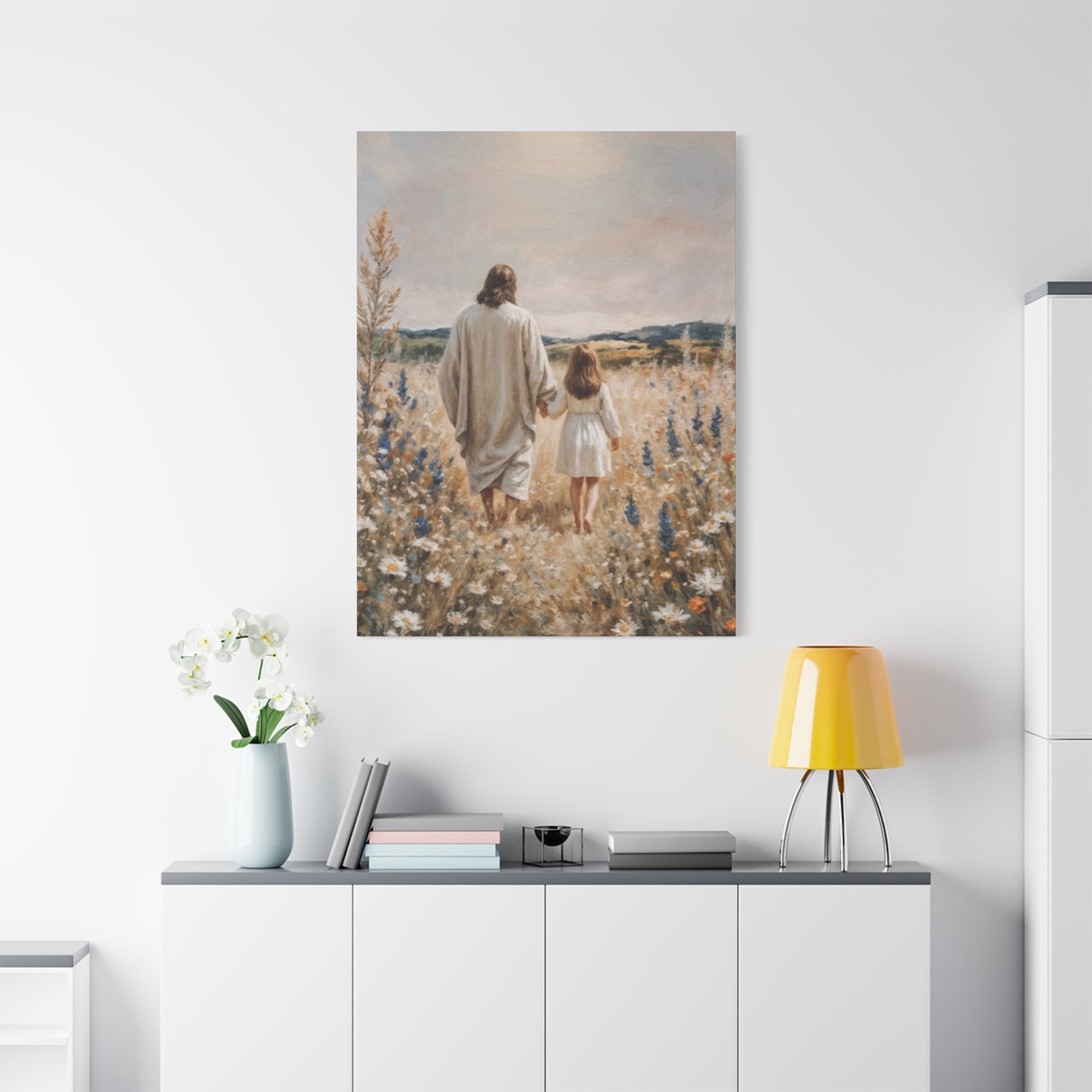 Jesus and Child Walking in Field Canvas Art - Religious Wall Decor