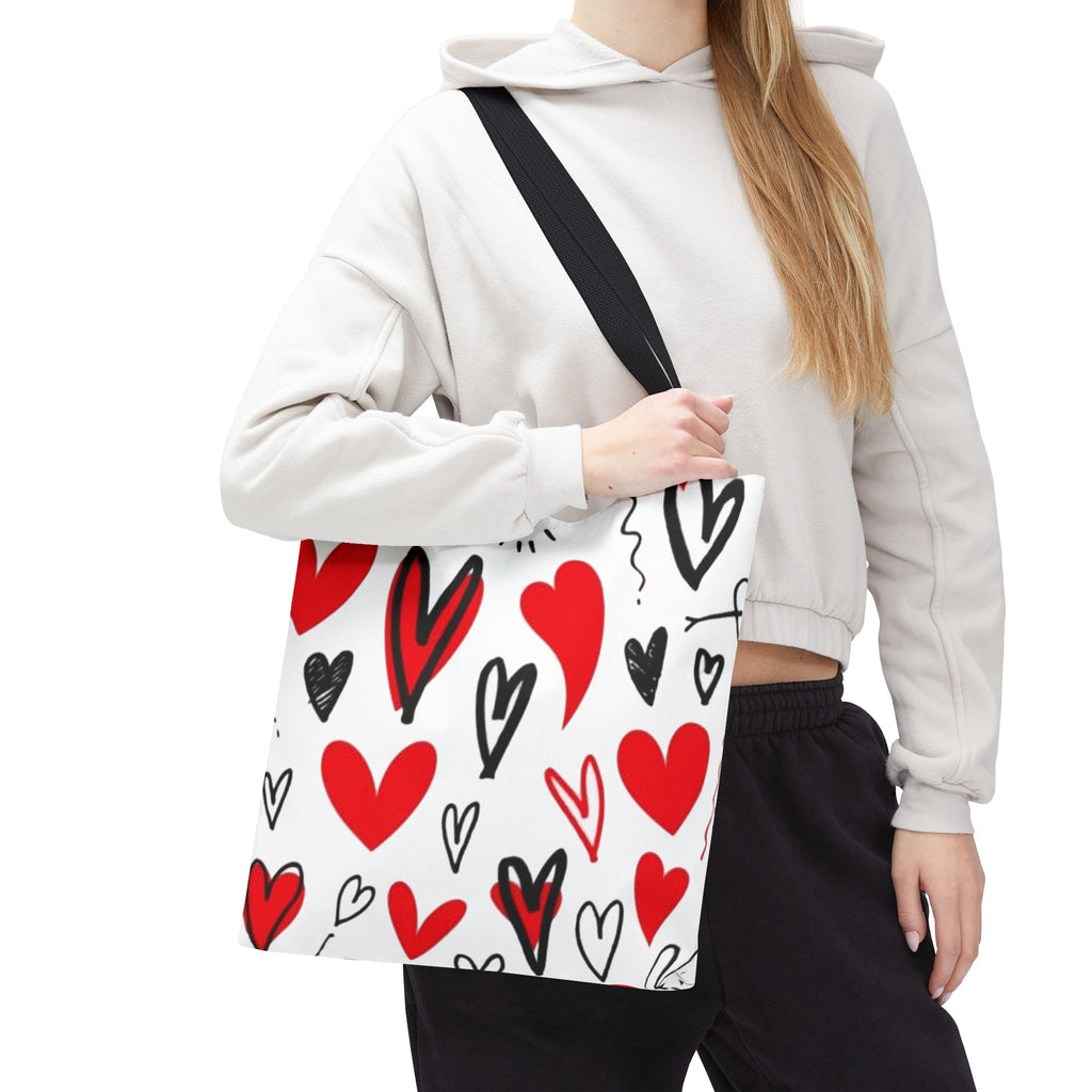 Heart Pattern Tote Bag — Red & Black Doodle Hearts All-Over Print