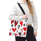 Heart Pattern Tote Bag — Red & Black Doodle Hearts All-Over Print