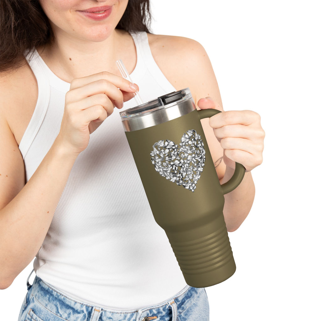 40oz Insulated Travel Mug — Silver Doodle Heart Design