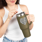 40oz Insulated Travel Mug — Silver Doodle Heart Design